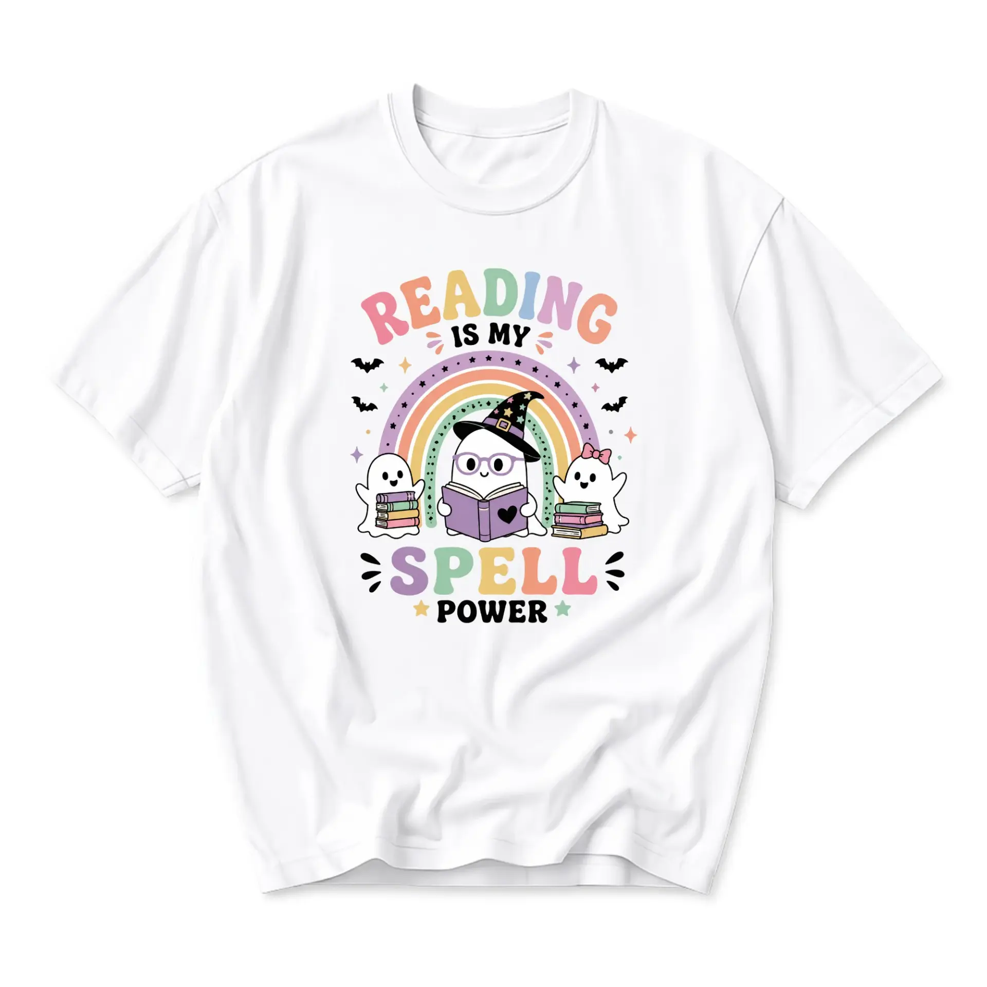 Graphic Tee Reading Is My Spell Power Shirt Cute Ghost Bookworm Apparel Unisex Casual Crew Neck Soft Cotton Top
