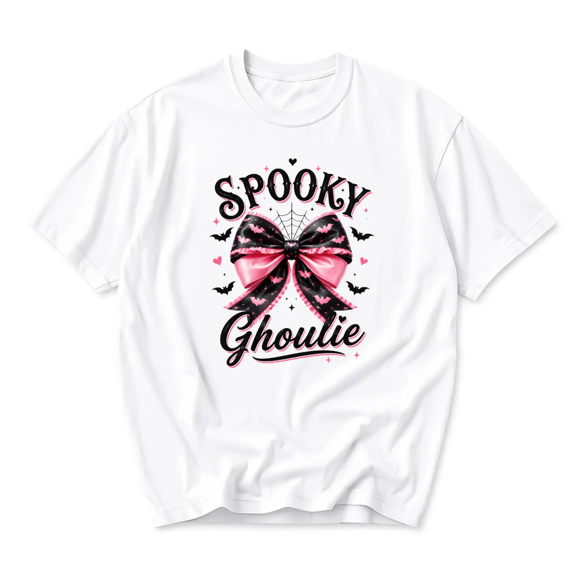 Funny Shirt Spooky Ghoulie Graphic Tee with Bow and Bat Design for Casual Halloween Inspired Style and Everyday Wear