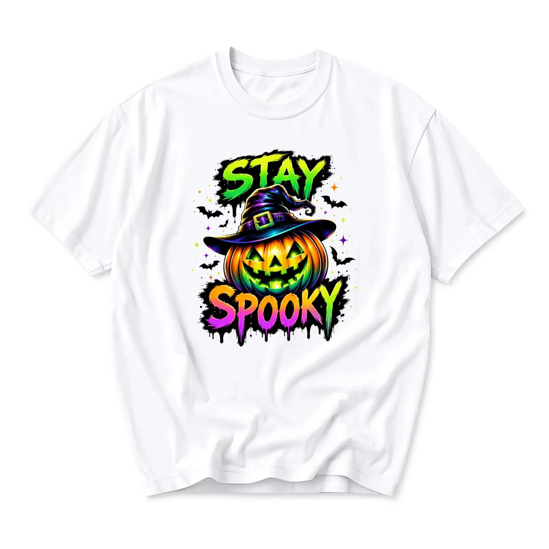 Graphic Tee Stay Spooky Halloween Pumpkin Witch Hat Unisex Crew Neck T-Shirt for Casual Everyday Fall Season Wear