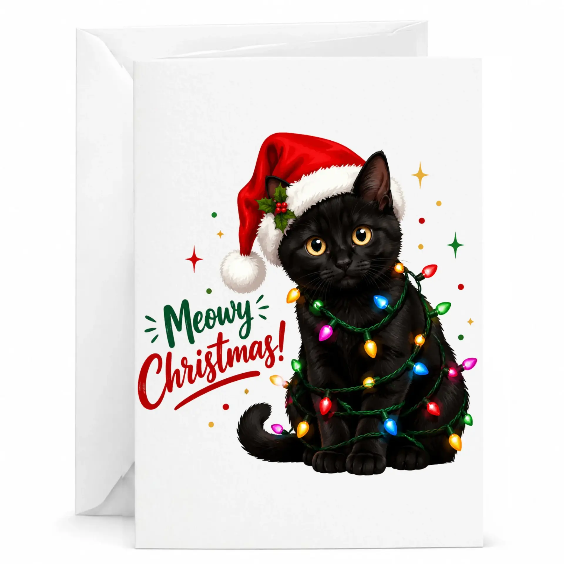 Funny Meowy Christmas Greeting Card Featuring a Cute Black Cat with Holiday Lights and Santa Hat Seasonal Holiday Card