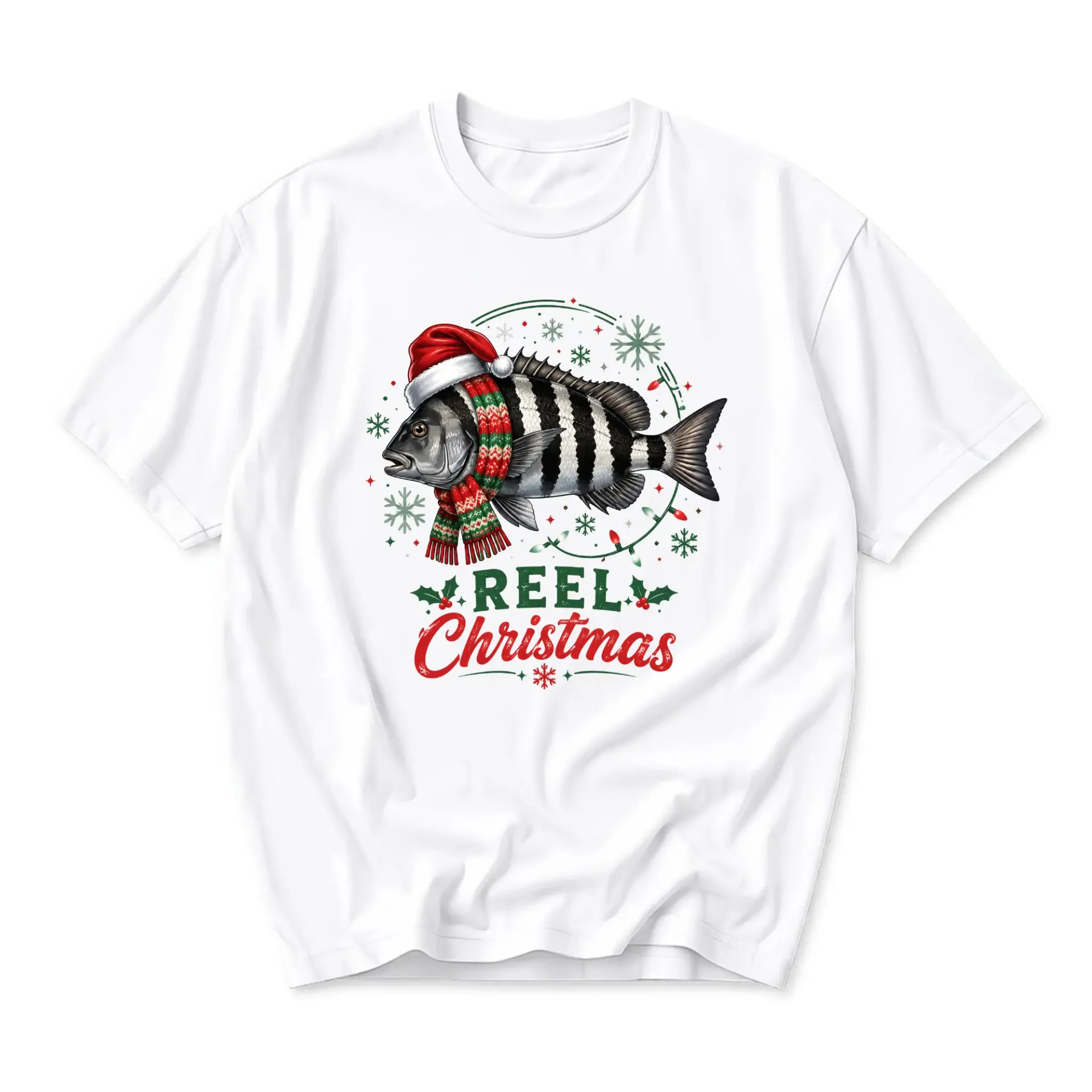Graphic Tee Reel Christmas Sheepshead Fish Holiday Unisex T-Shirt Seasonal Casual Apparel for Outdoorsy Men and Women