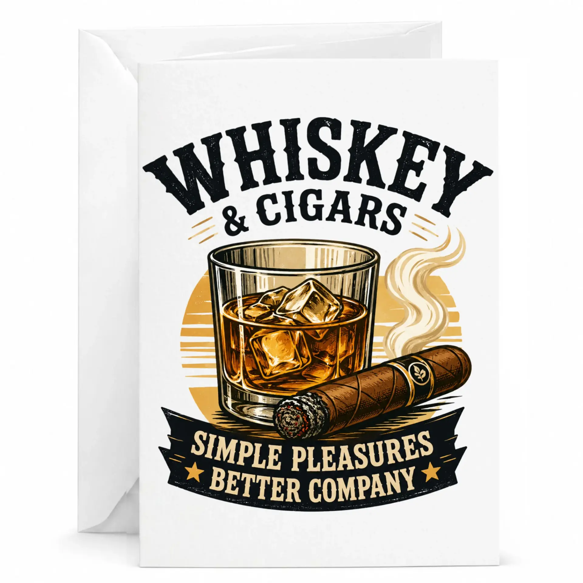Whiskey and Cigars Greeting Card Better Company Themed Stationery for Birthdays Celebrations