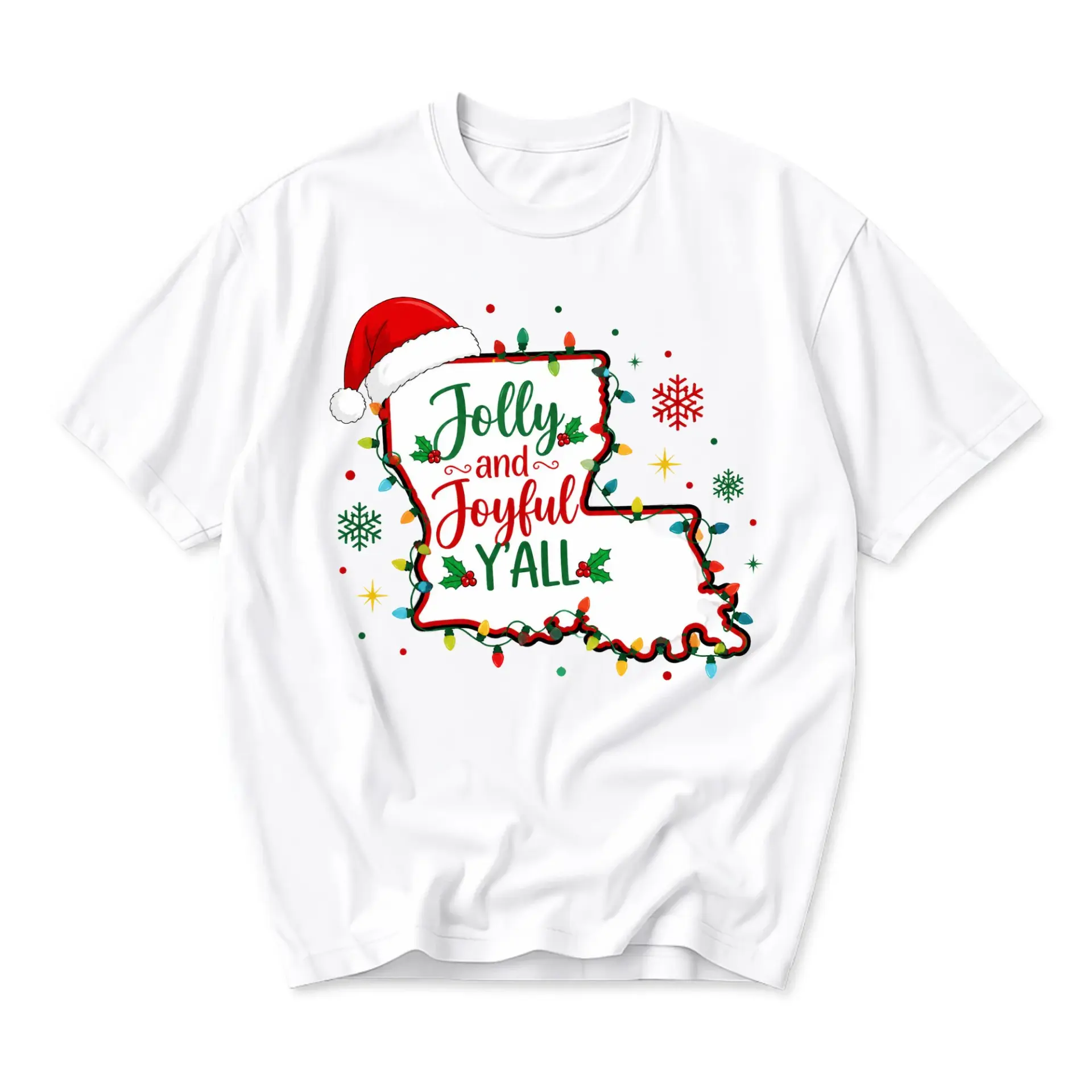 Graphic Tee Jolly and Joyful Yall Louisiana State Map Christmas Holiday Unisex Crew Neck Short Sleeve Cotton Shirt