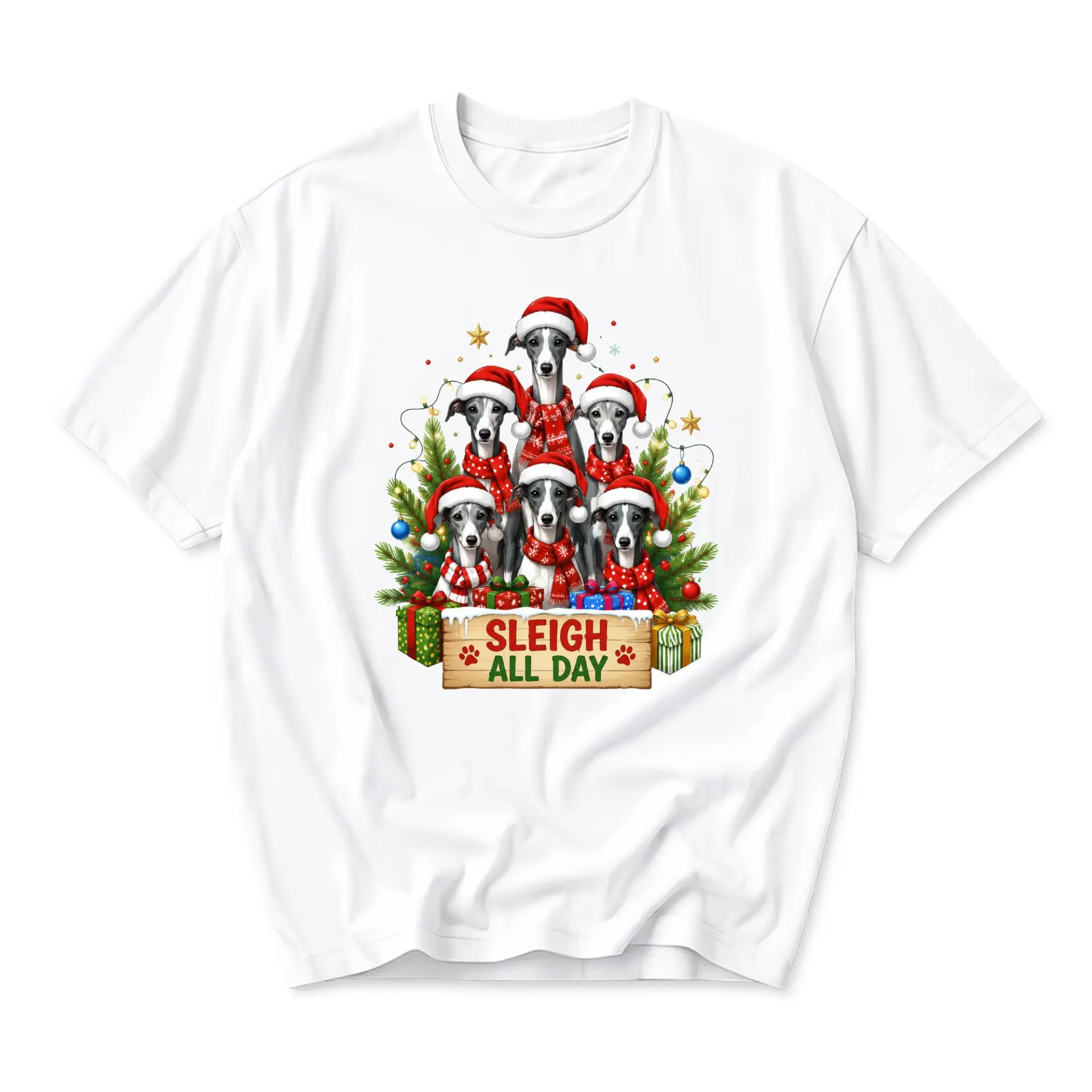 Funny Shirt Sleigh All Day Greyhound Christmas Graphic Tee Holiday Unisex