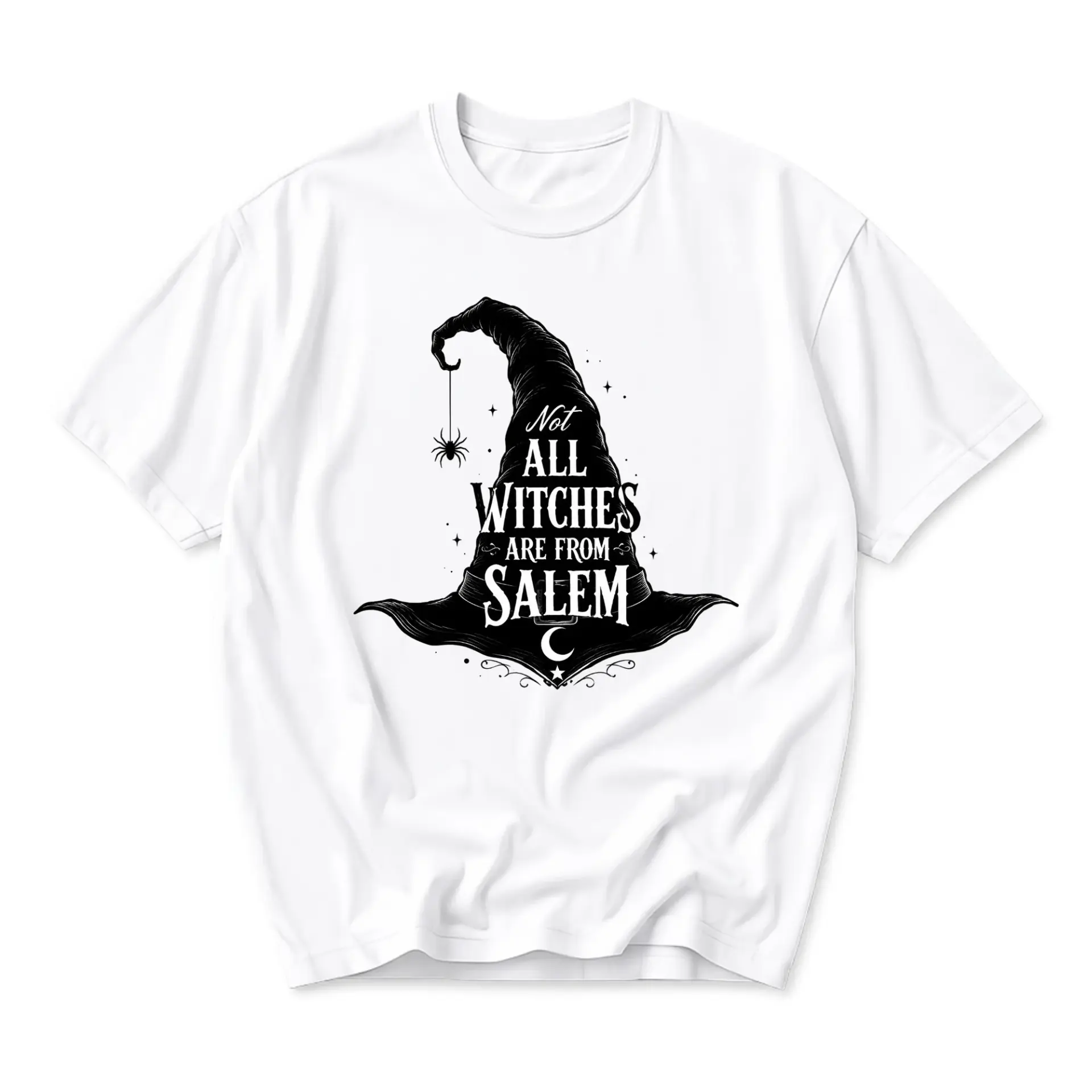 Graphic Tee Unisex Crew Neck T-Shirt Featuring Witch Hat Illustration with Not All Witches Are from Salem Text