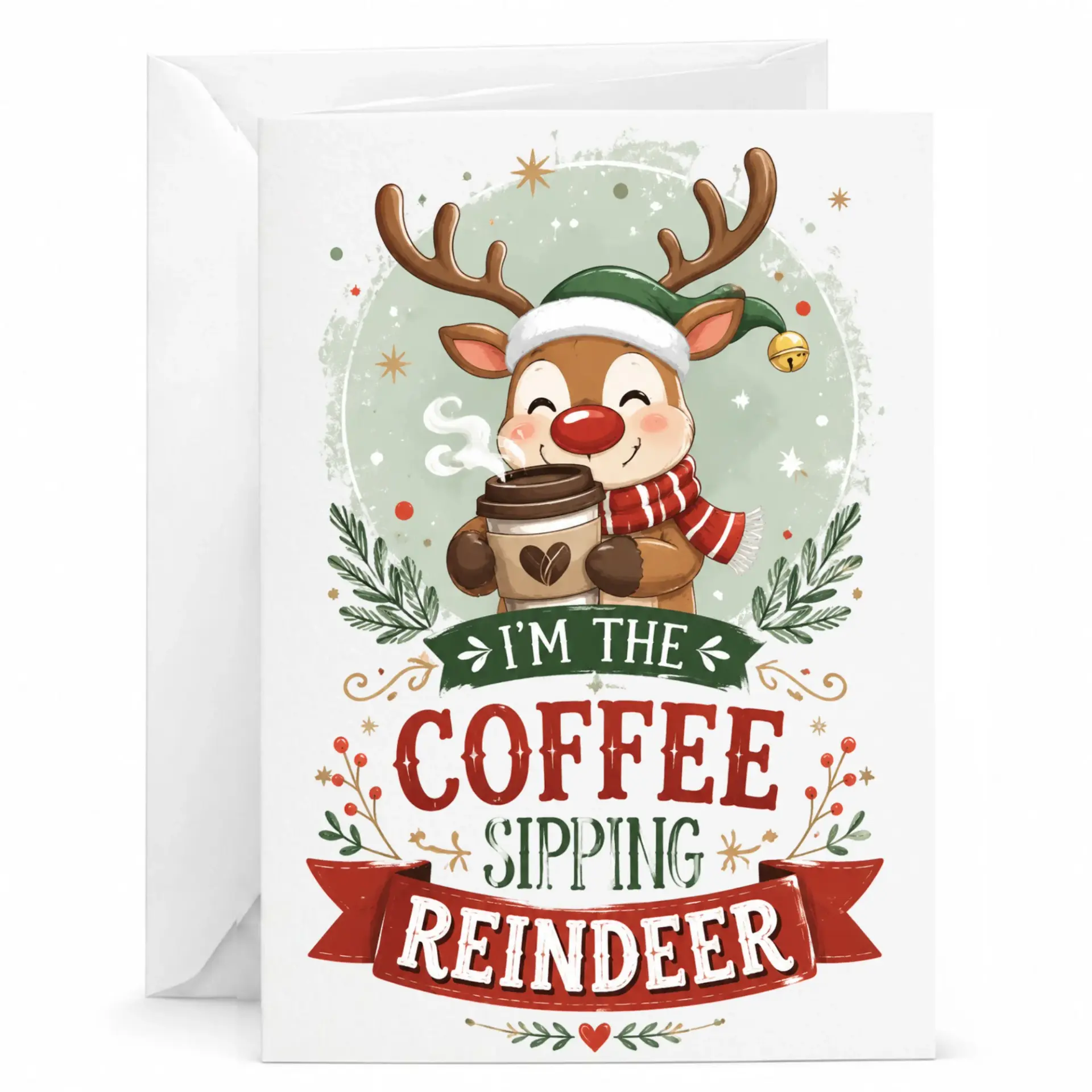Funny Christmas Greeting Card, Holiday Reindeer Holding Coffee Cup Illustration, Cute Seasonal Winter Note Card