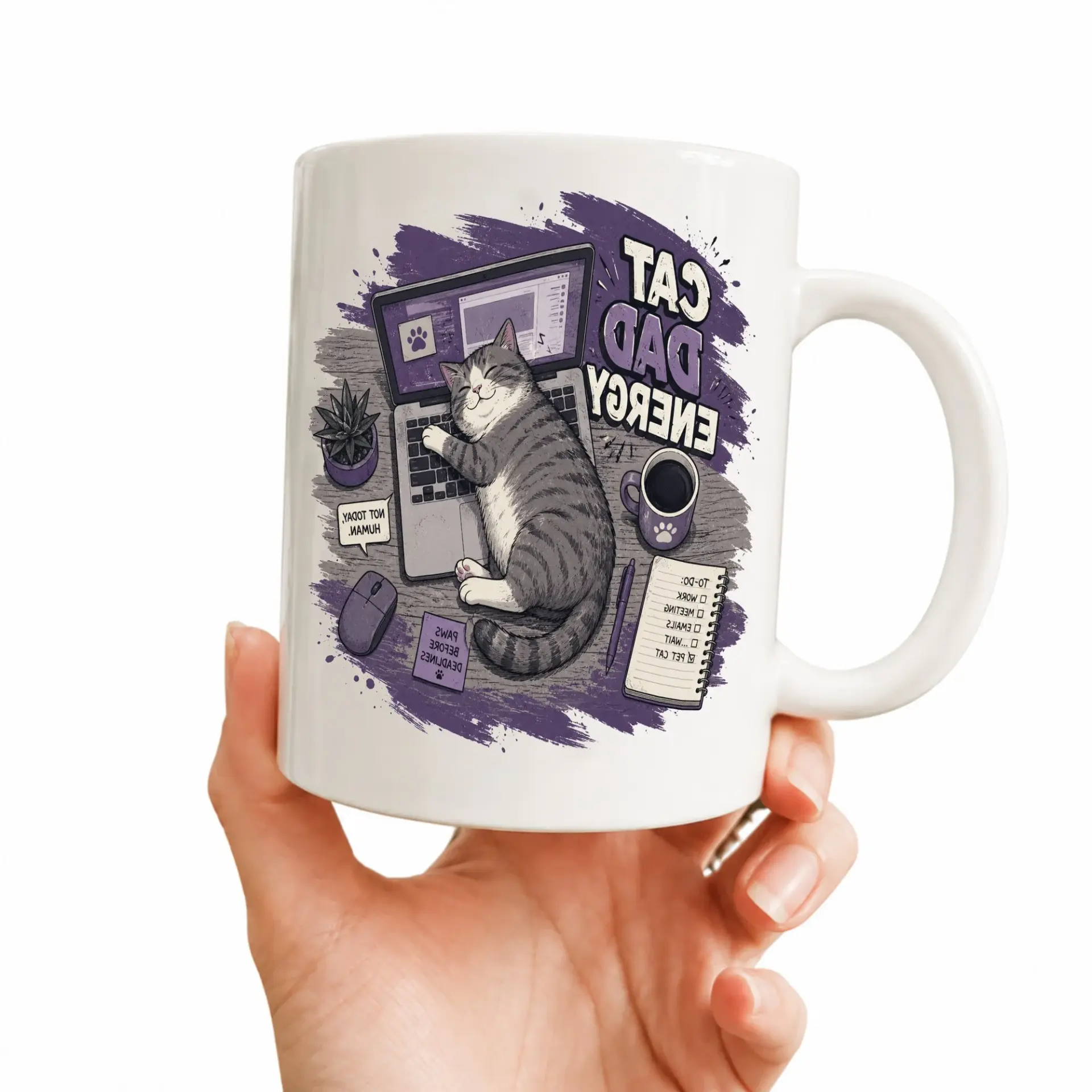 Funny Cat Dad Energy Coffee Mug for Office Enthusiasts Featuring Relaxing Pet Illustration on a Ceramic Cup Drinkware