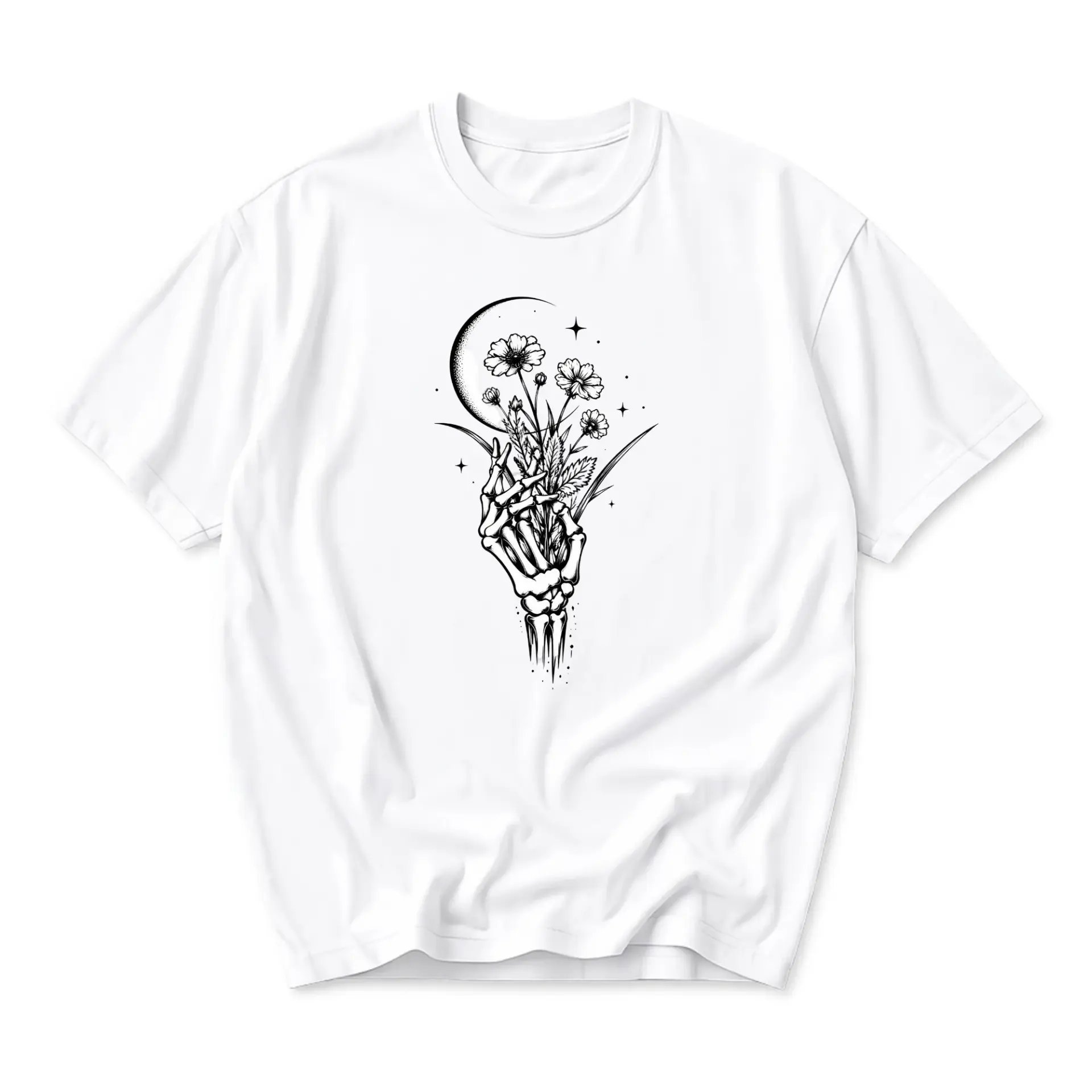 Graphic Tee Skeleton Hand Holding Flowers Moon Illustration Unisex Crew Neck Short Sleeve Cotton Casual Shirt