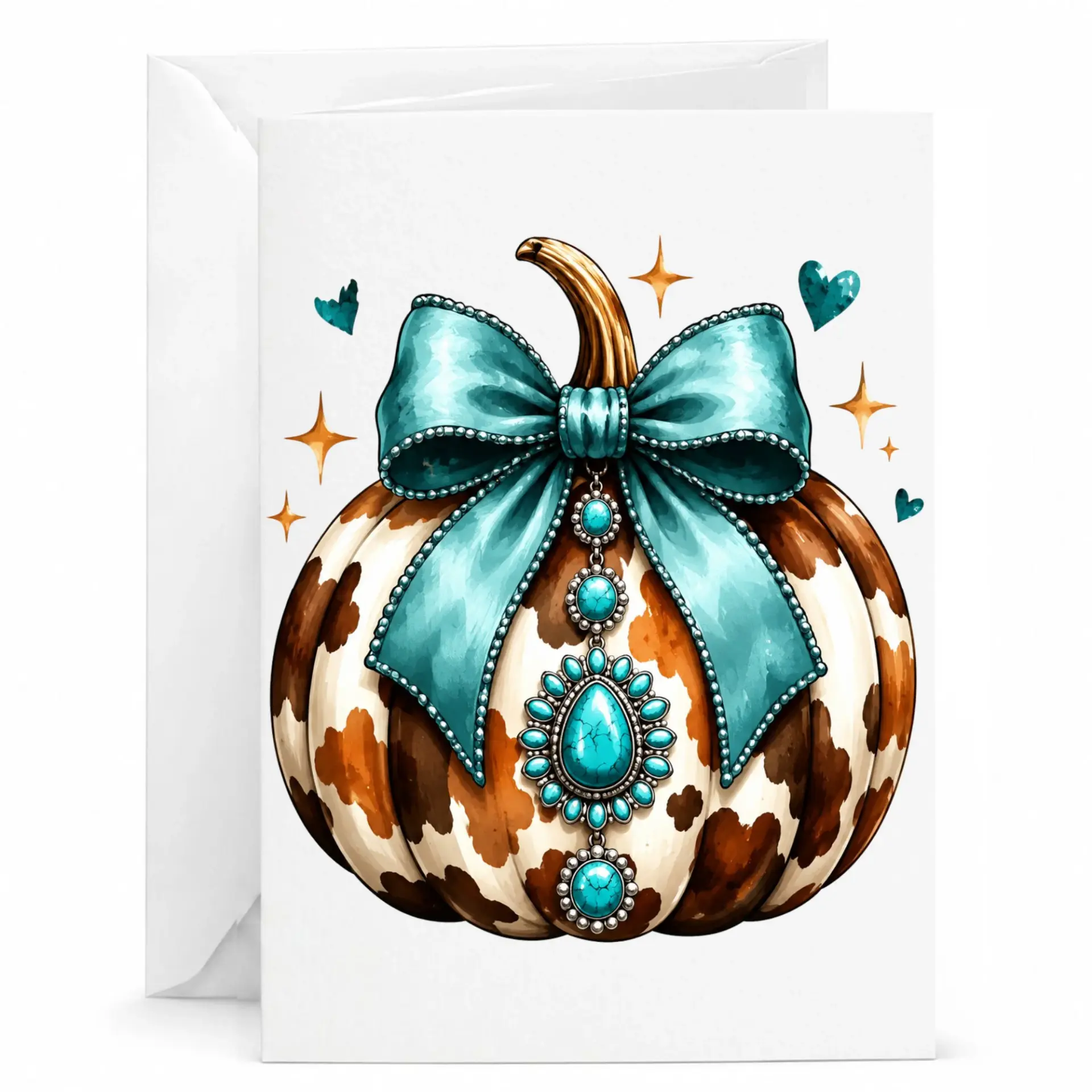 Greeting Card with Western Pumpkin Cow Print and Turquoise Bow Design Elegant Fall Seasonal Stationary for All Occasions