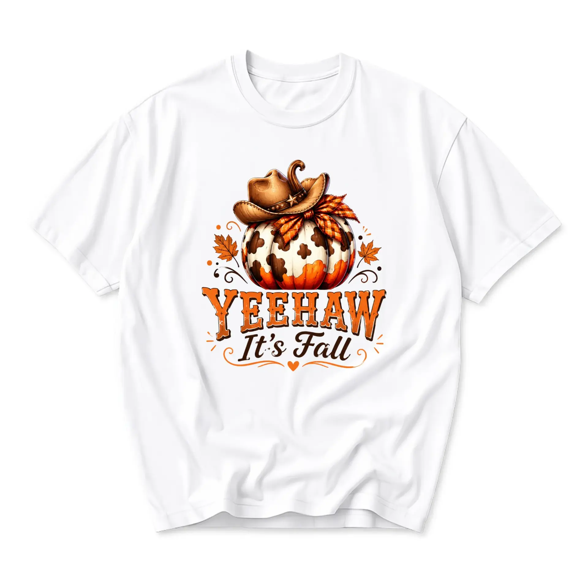 Graphic Tee Yeehaw It's Fall Cowboy Hat Pumpkin Western Autumn Seasonal Unisex Crew Neck Short Sleeve Casual Shirt