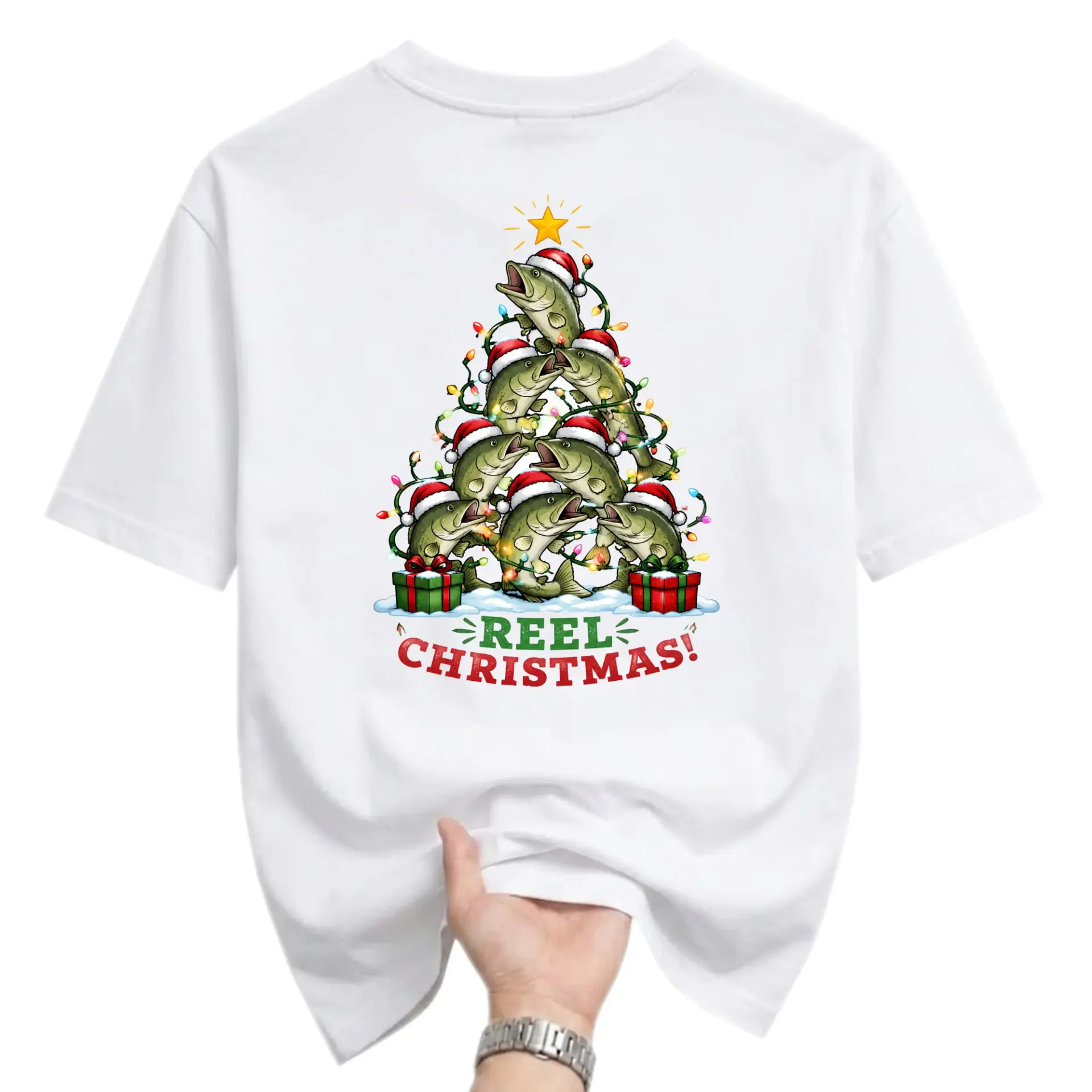 Funny Shirt Reel Christmas Fishing Tree Graphic Tee Unisex Crew Neck Short Sleeve Casual Holiday Apparel for Outdoorsmen