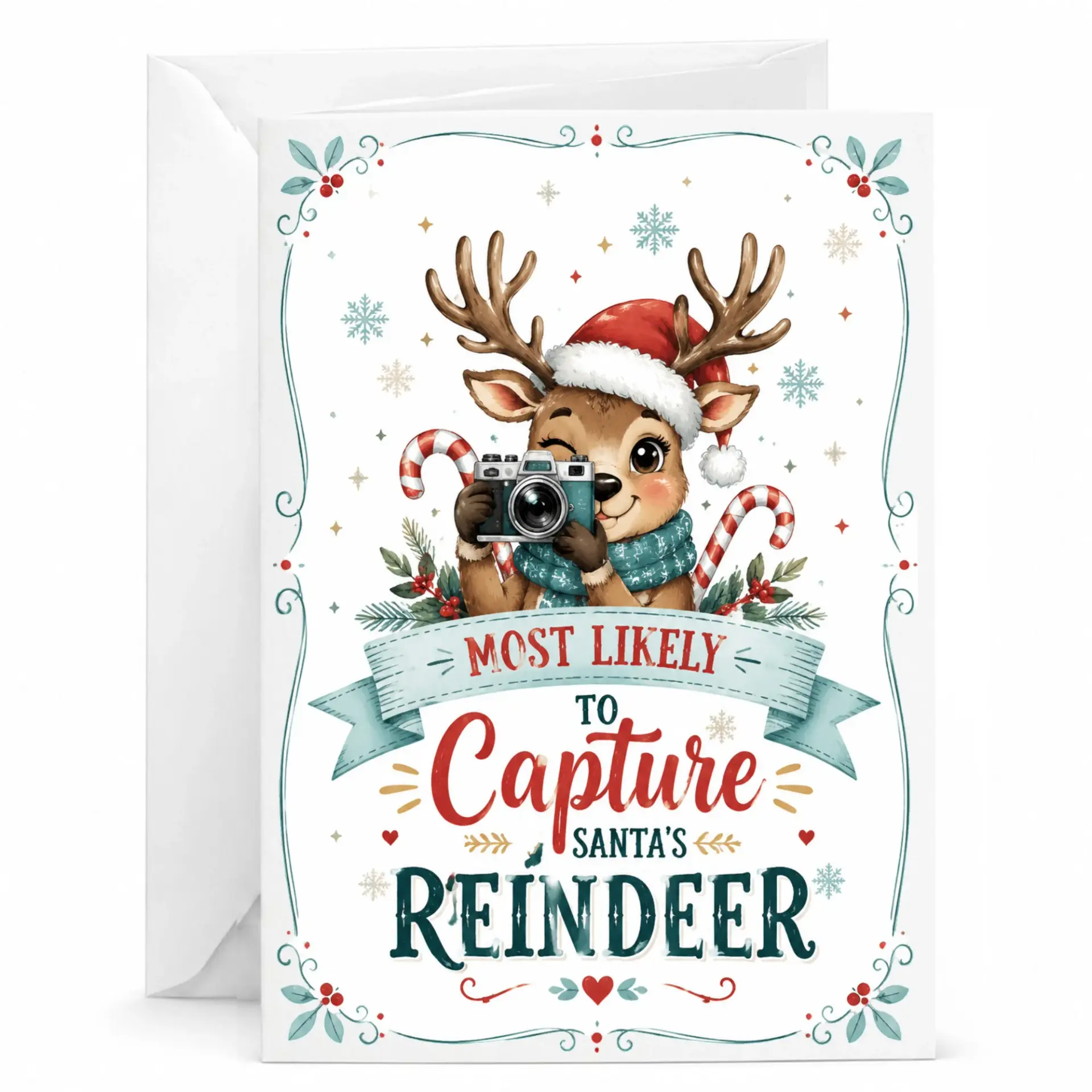 Funny Reindeer Greeting Card for Holiday Season Photography Enthusiast with Cute Wildlife Camera Motif Design