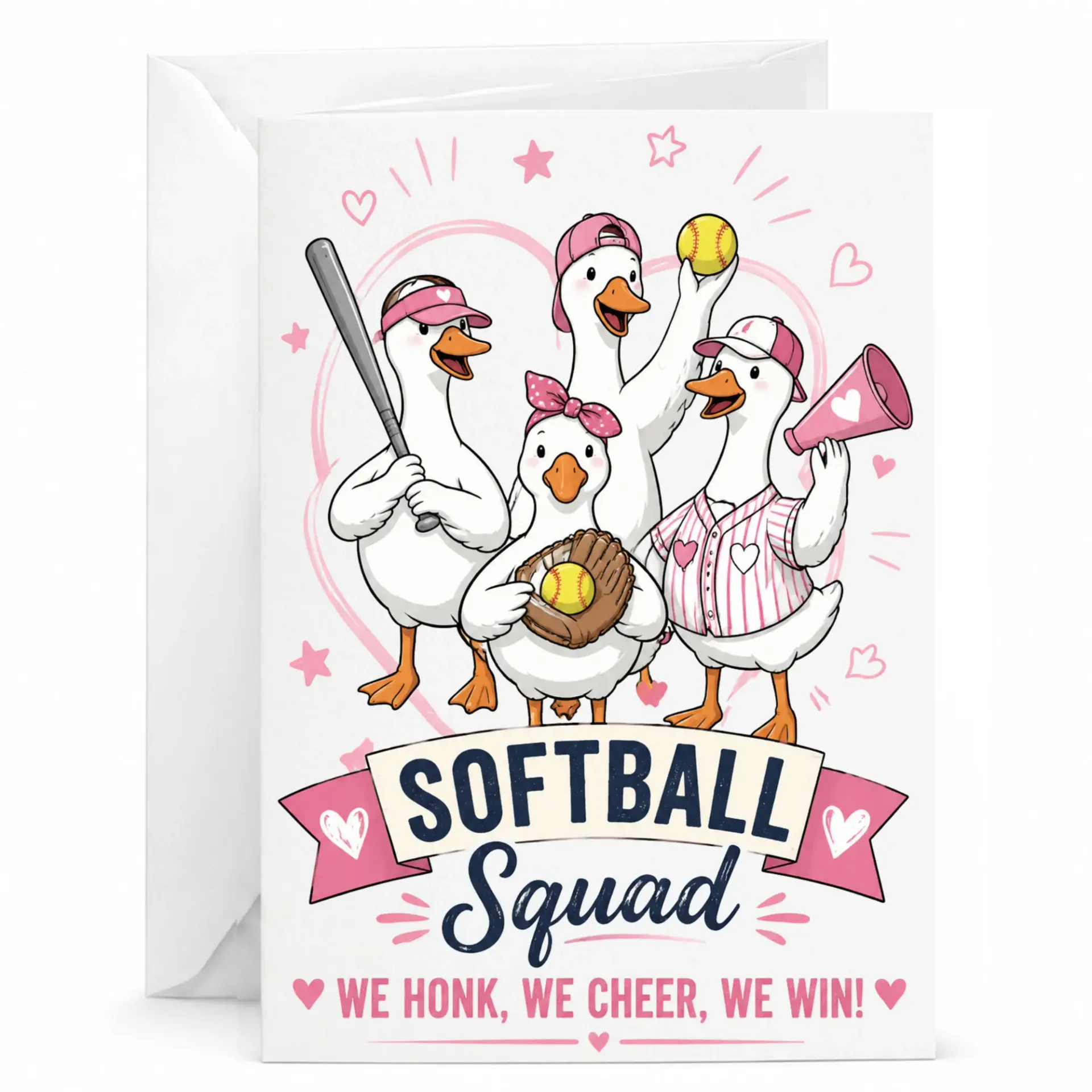 Funny Softball Squad Greeting Card Featuring Cute Ducks Playing Sports Athletic Team Illustration for Friends or Family