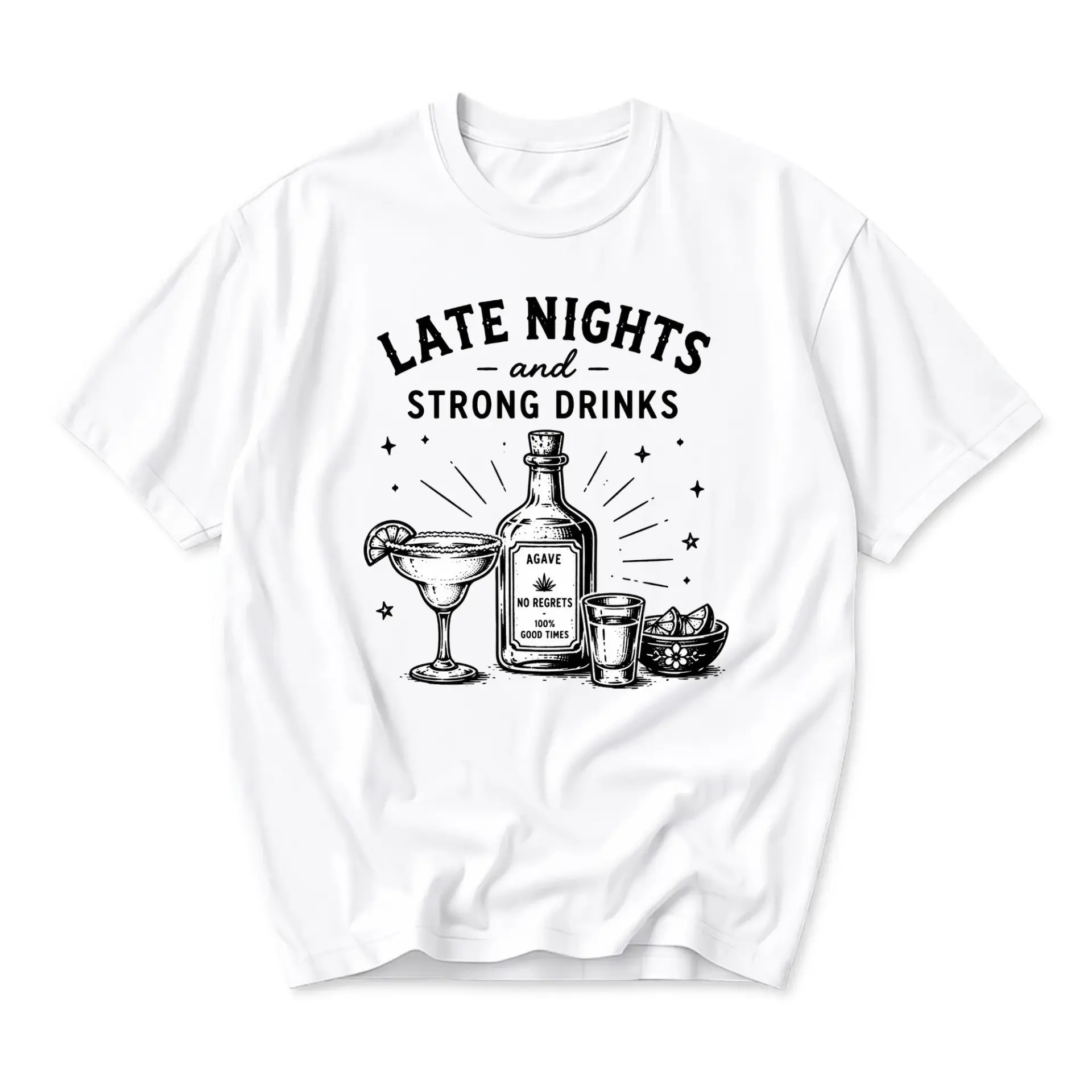 Graphic Tee Late Nights and Strong Drinks Unisex Crew Neck T-Shirt Casual Cotton Blend Apparel for Social Gatherings