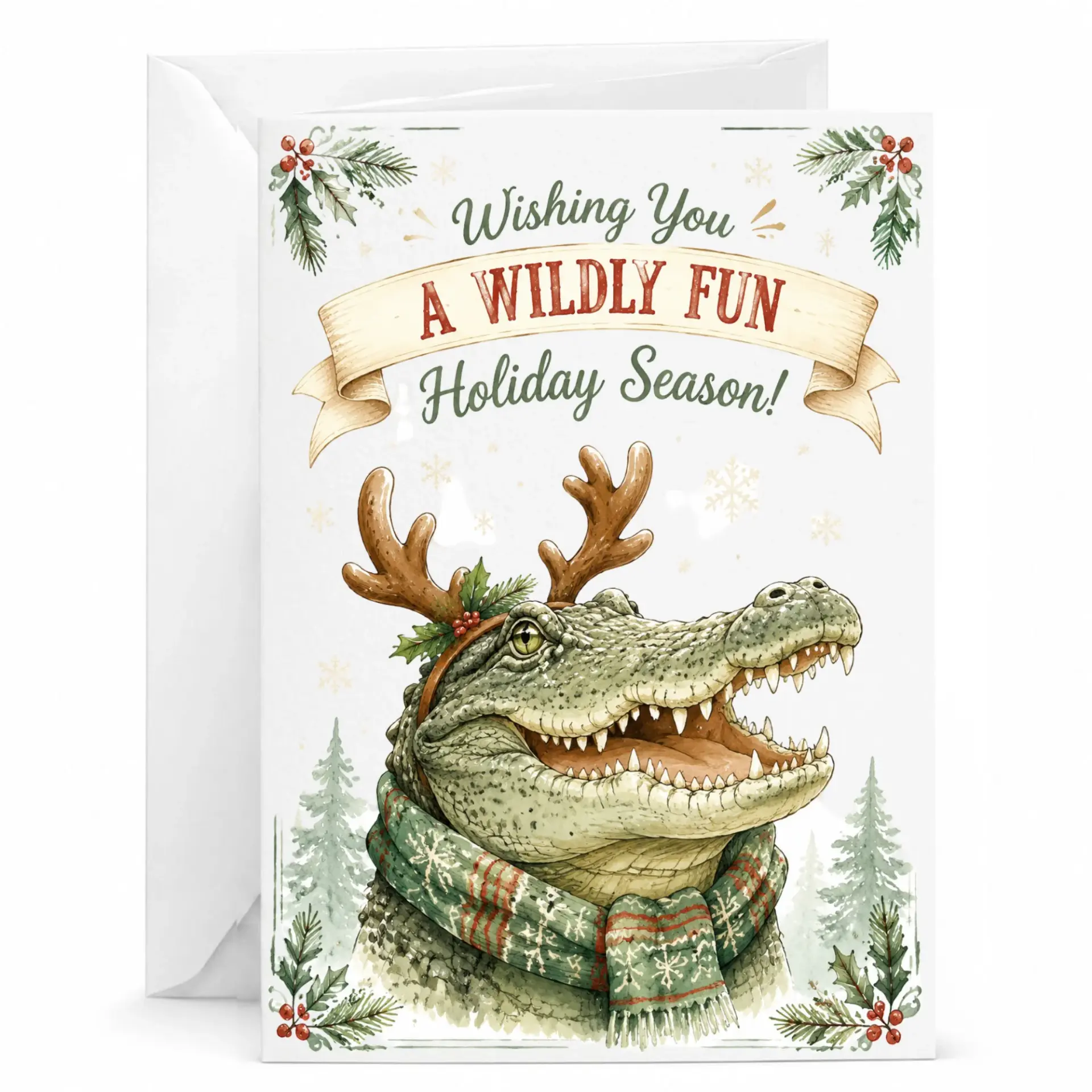 Funny Holiday Greeting Card Featuring an Alligator Wearing Reindeer Antlers with a Festive Winter Scarf Design