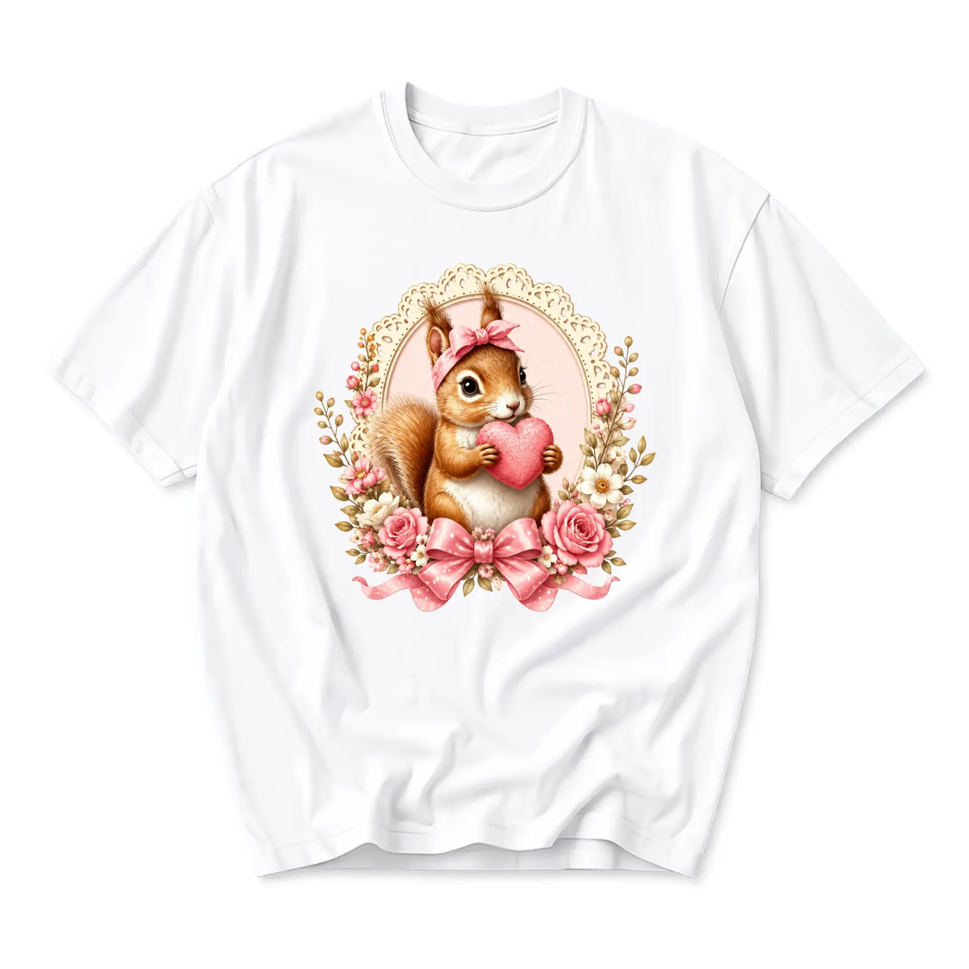 Graphic Tee Cute Squirrel with Pink Heart Illustration Unisex Casual Crew Neck Soft Cotton Blend Everyday Shirt