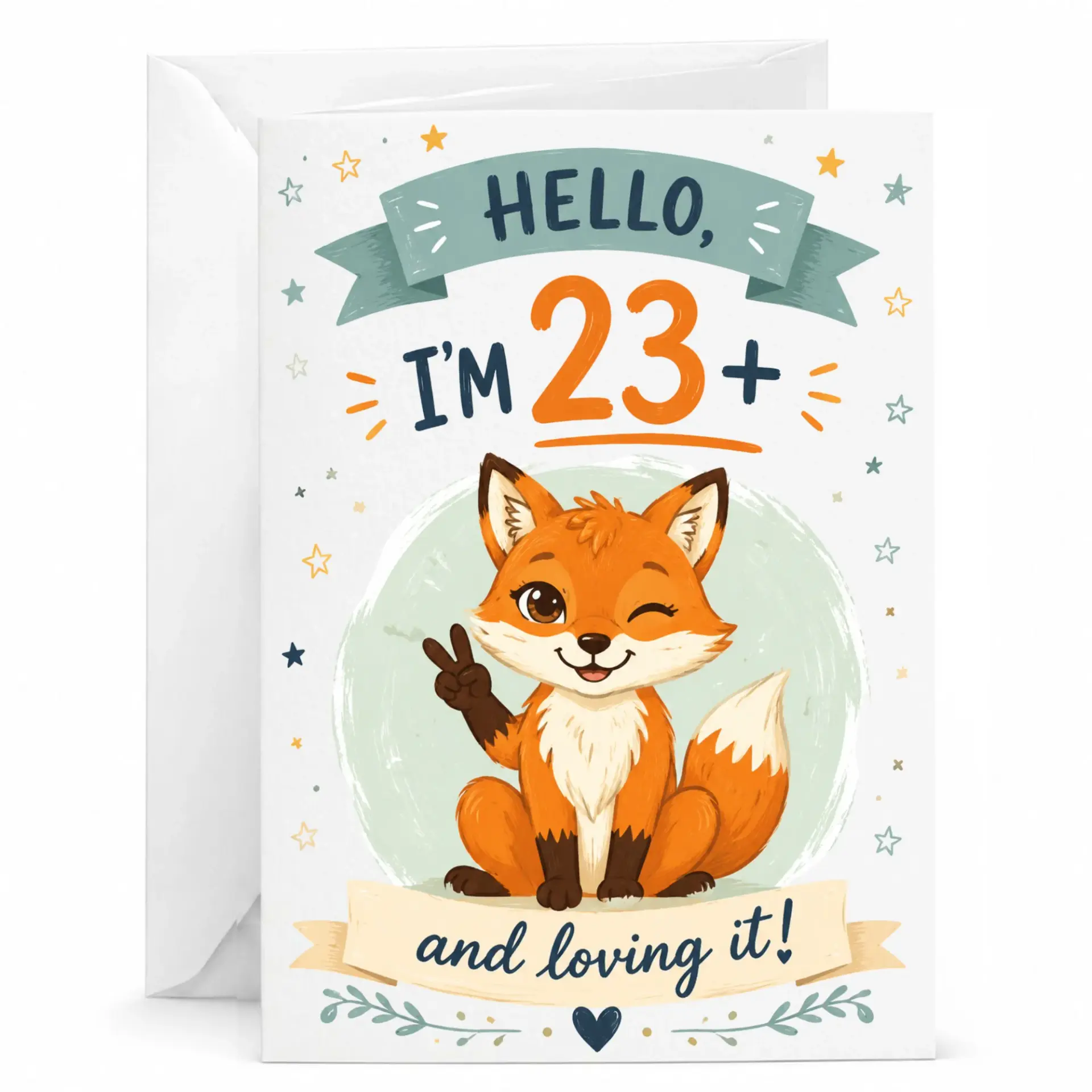 Funny Birthday Card Featuring Cute Fox Illustration and Playful 23 Plus Design for Milestone Celebrations