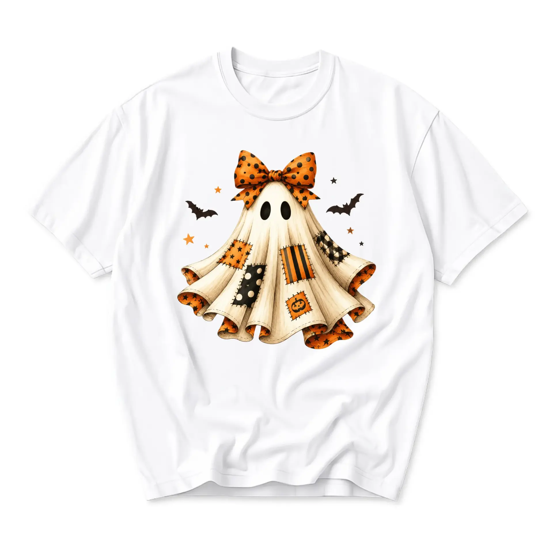 Graphic Tee Cute Halloween Ghost Shirt with Polka Dot Bow Unisex Crew Neck Casual Everyday Holiday Apparel White