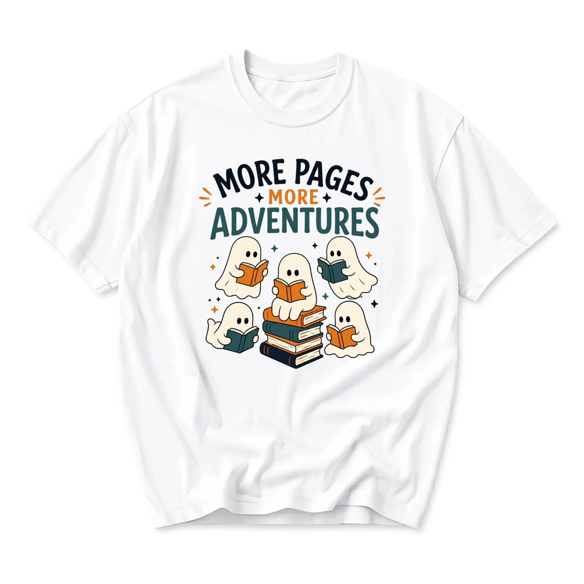 Graphic Tee More Pages More Adventures Reading Ghost Illustration Unisex Crew Neck Short Sleeve Casual Cotton T-Shirt