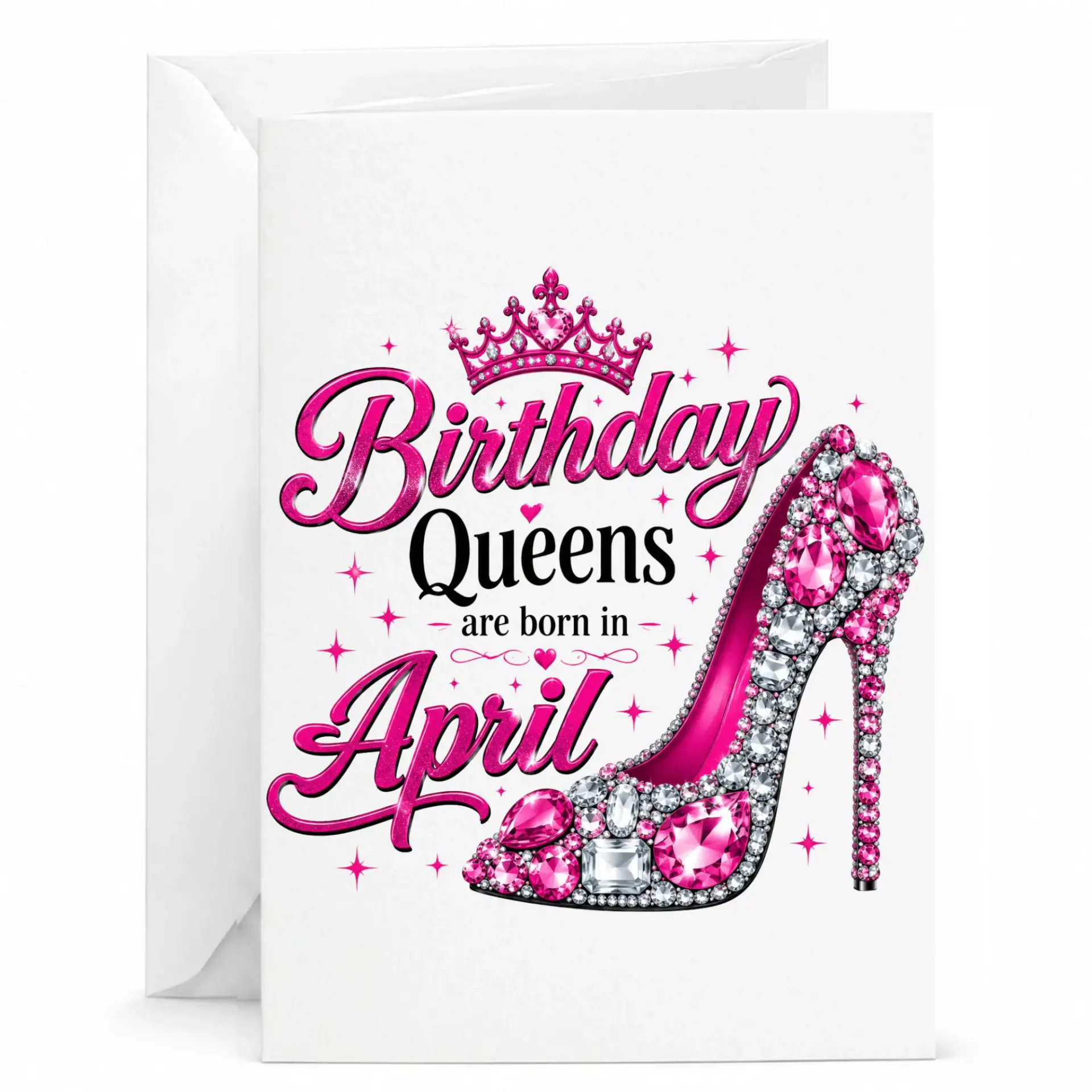 Birthday Card for April Birthdays Featuring Pink High Heel Shoe and Tiara Design Elegant Greeting Card for Women