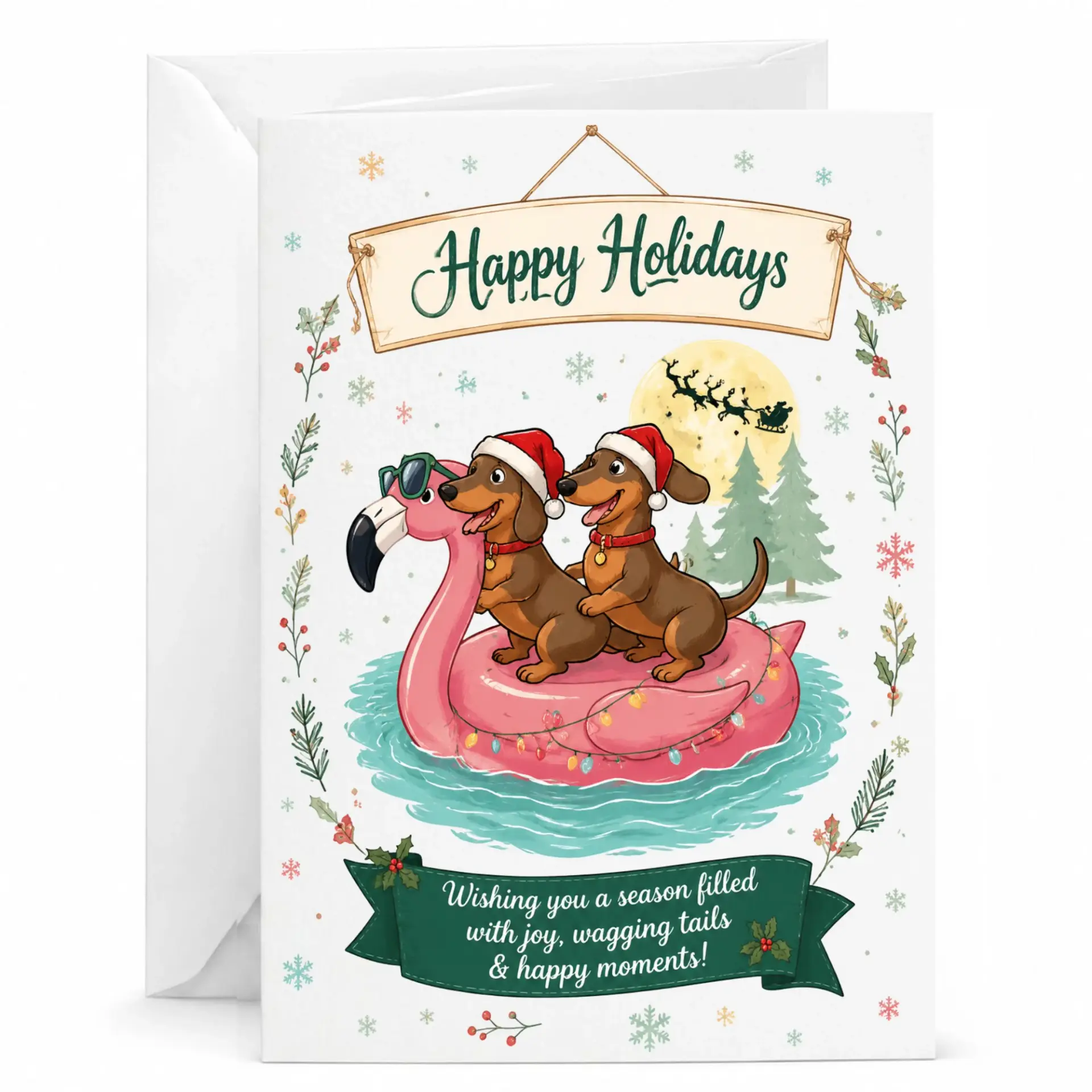 Greeting Card Happy Holidays Dachshund Dogs on Flamingo Float Funny Christmas Card with Matching White Envelope