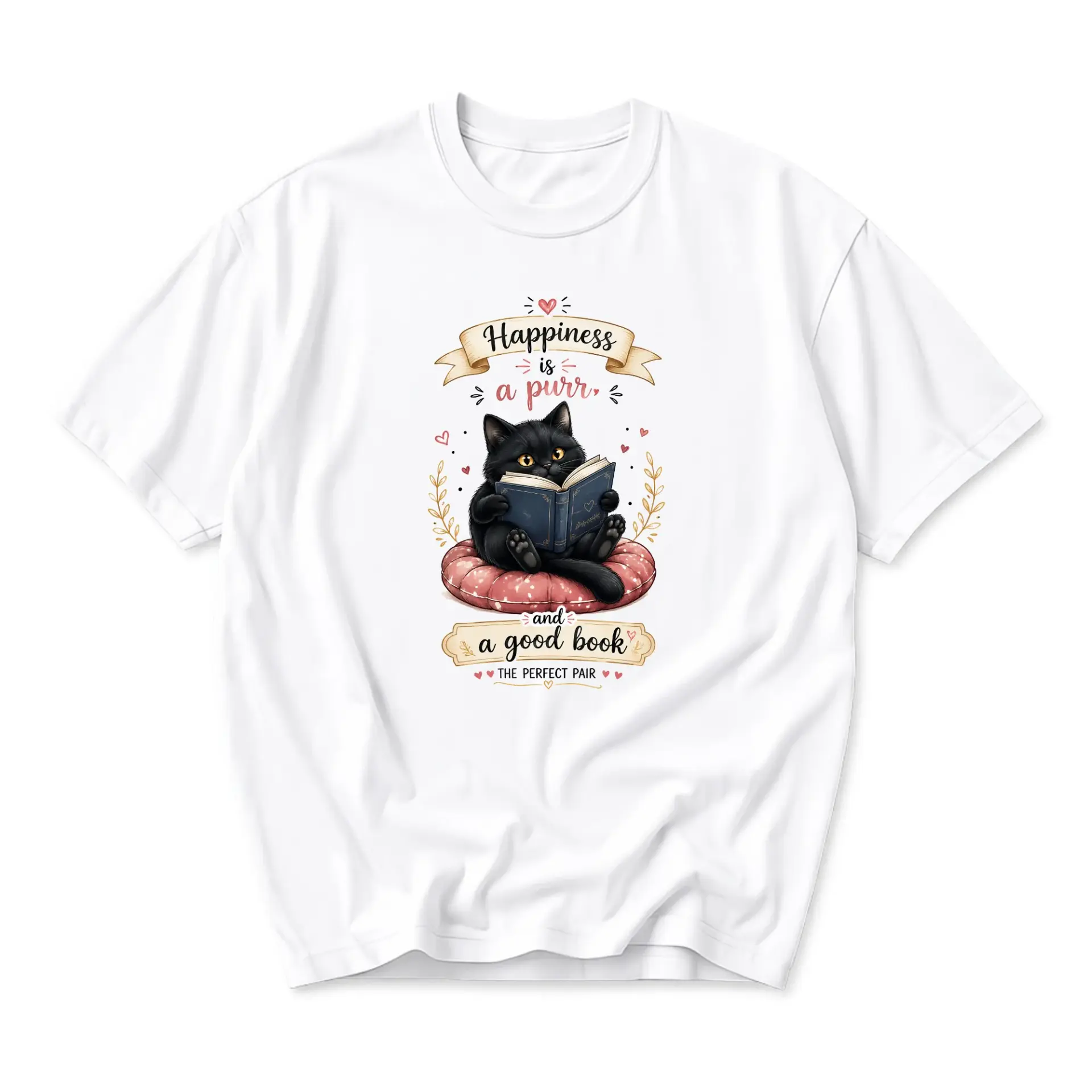 Graphic Tee Happiness Is a Purr and a Good Book Cute Black Cat Reading
