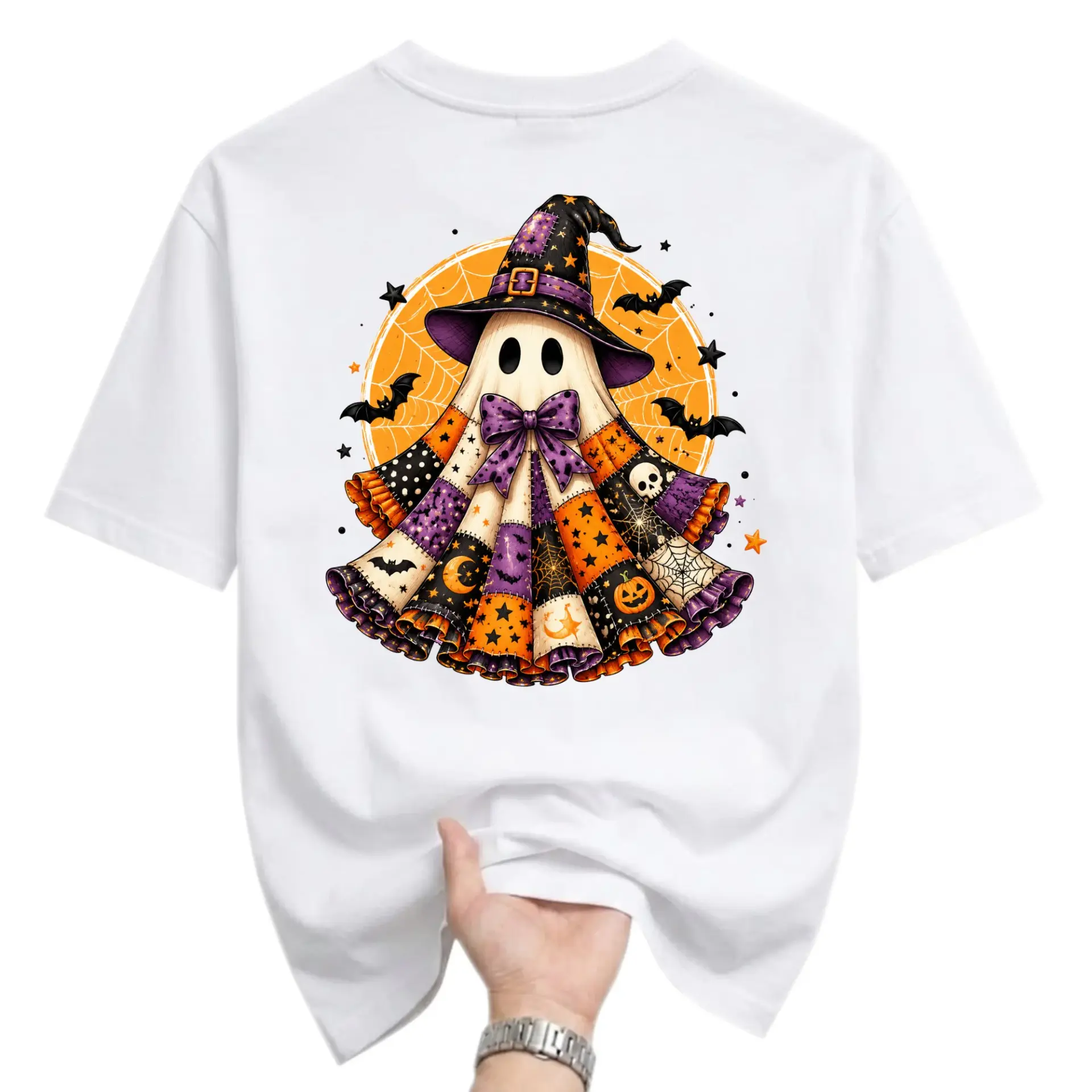 Graphic Tee Unisex Halloween Ghost in Witch Hat with Patchwork Ruffle Design Casual Cotton Blend Crew Neck Shirt
