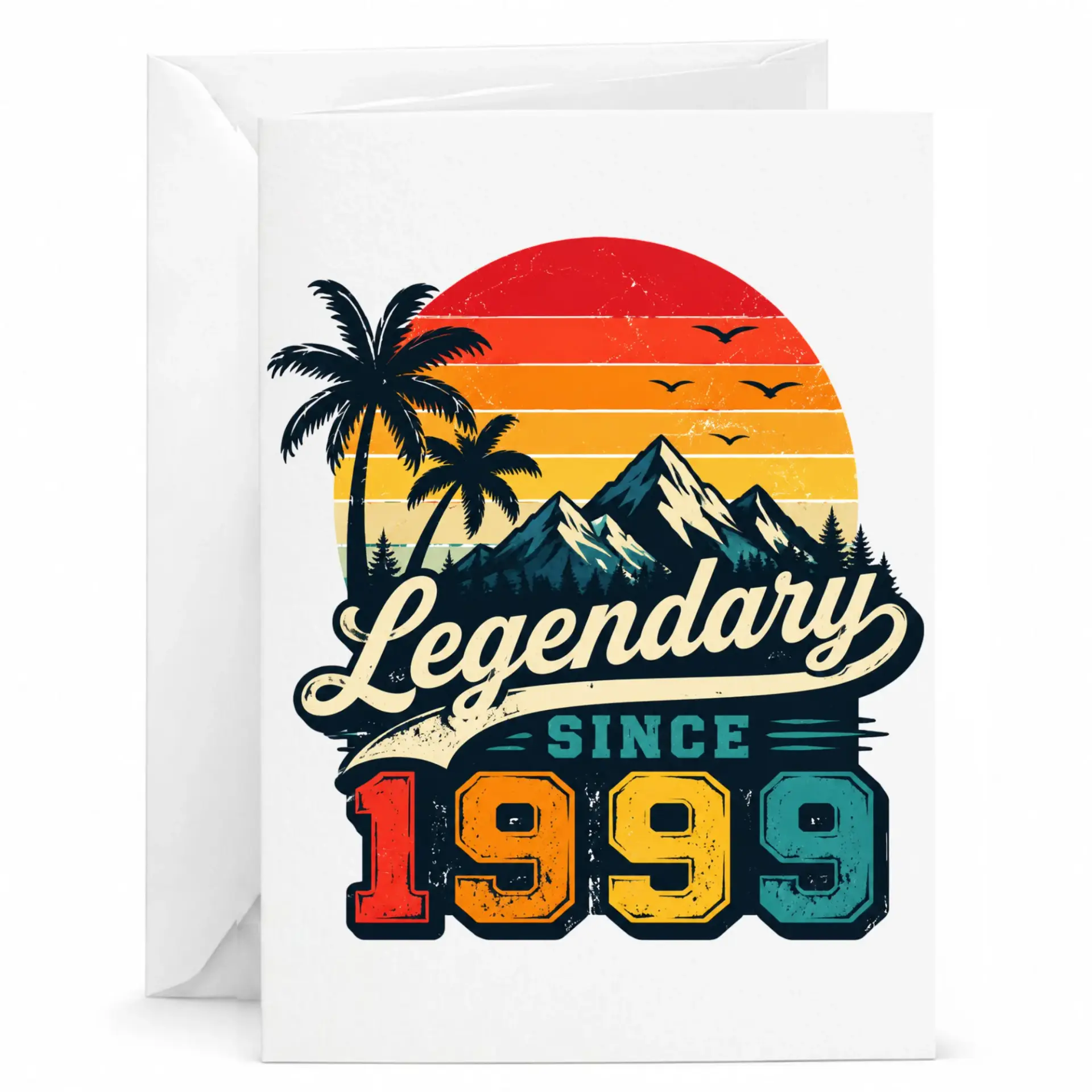 Birthday Card Legendary Since 1999 Vintage Retro Sunset Mountain Palm Tree Graphic Professional Greeting Card