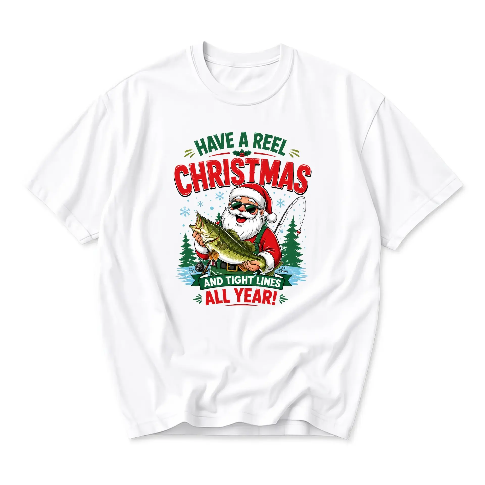 Funny Shirt Have a Reel Christmas Fishing Santa Graphic Tee Holiday Festive