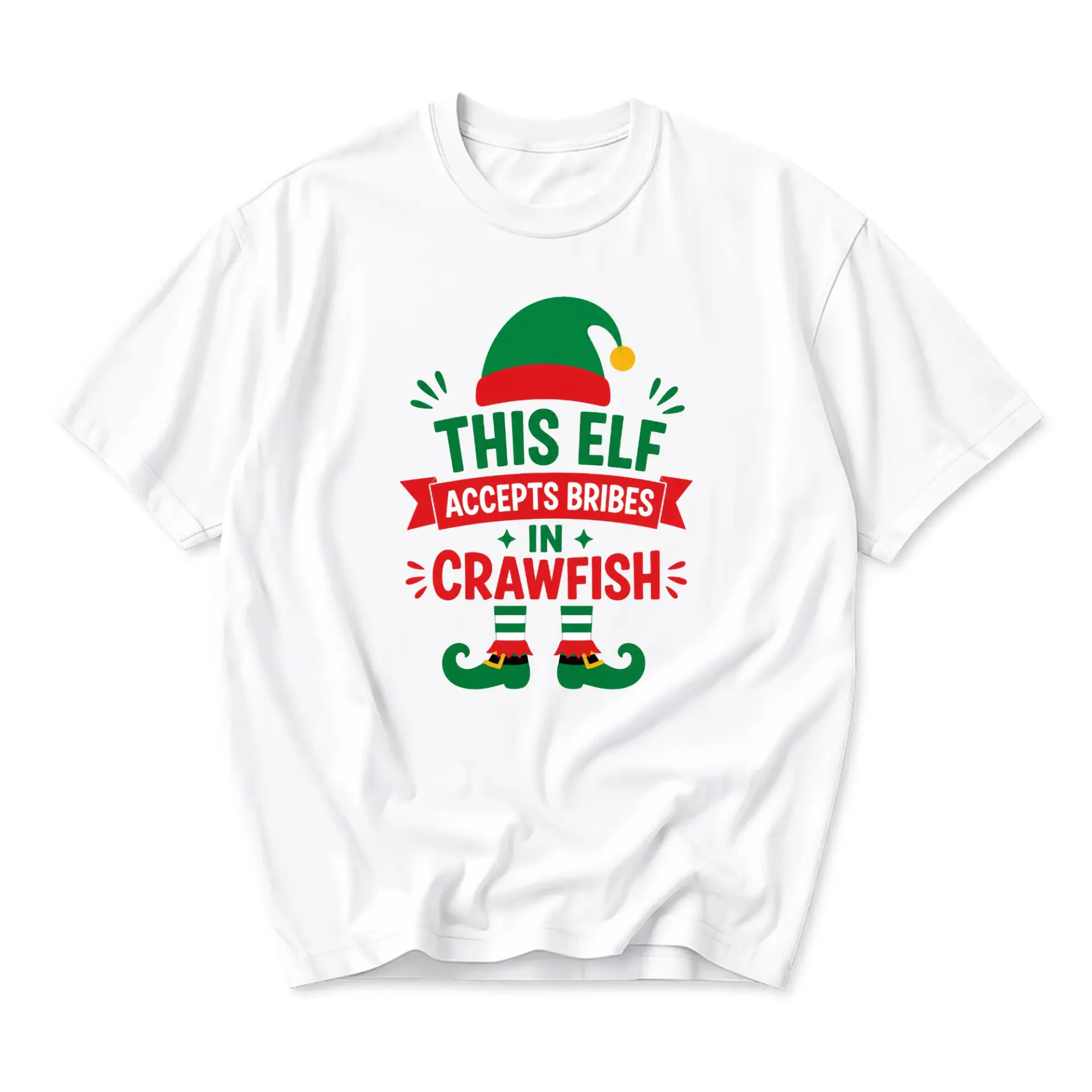 Funny Shirt This Elf Accepts Bribes in Crawfish Graphic Tee Unisex Crew Neck Casual Everyday Holiday Humor Cotton Top