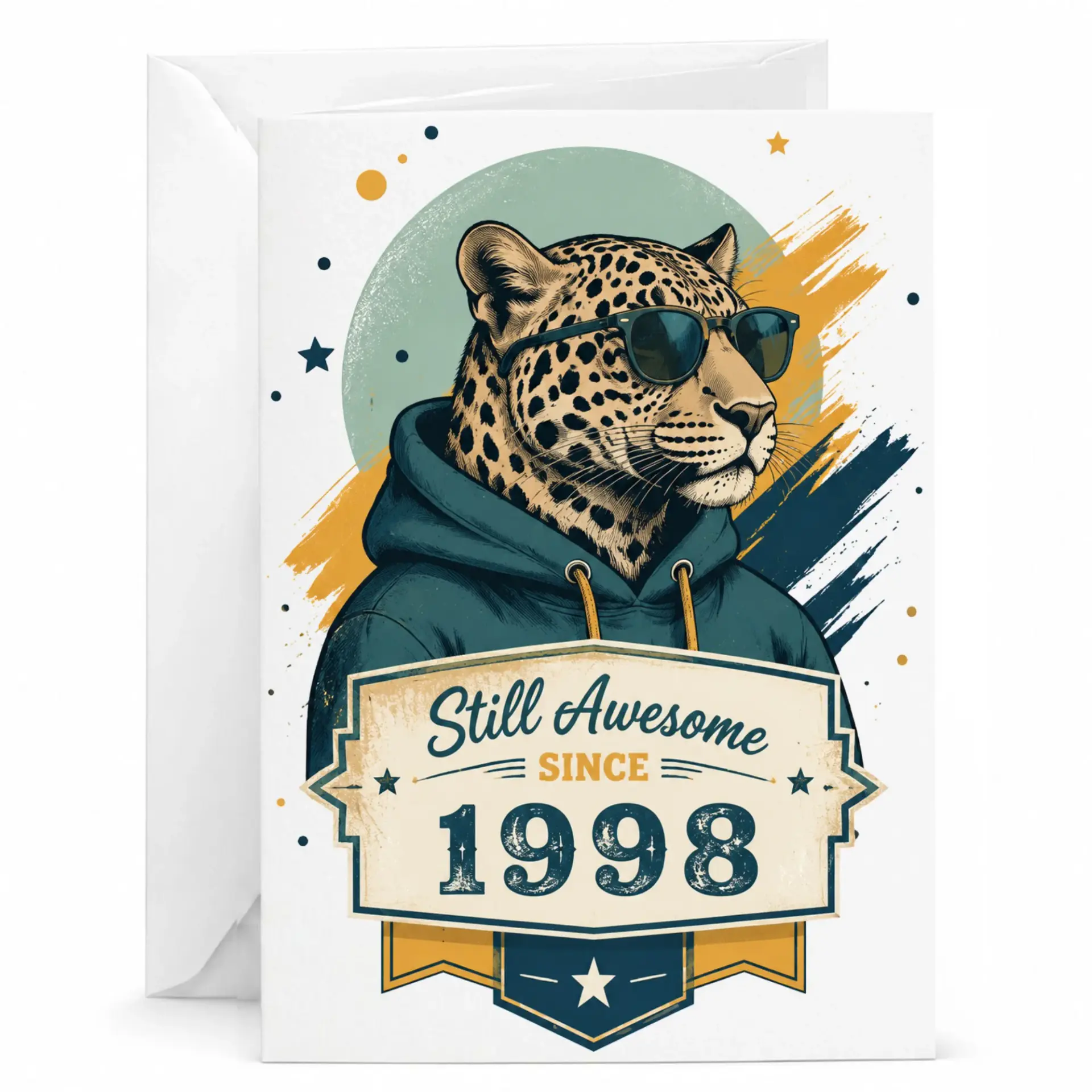 Funny Greeting Card Still Awesome Since 1998 Birthday Card with Leopard Wearing Sunglasses Design and Matching Envelope