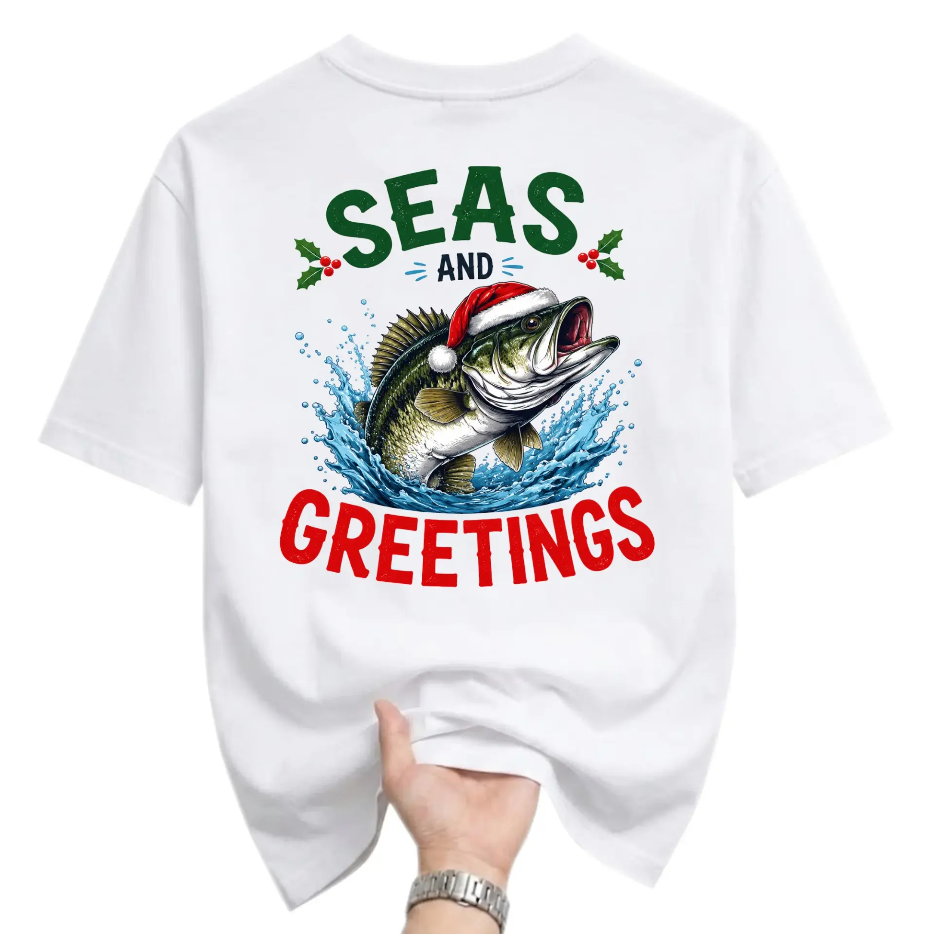Funny Shirt Seas and Greetings Holiday Fishing Graphic Tee for Outdoor Enthusiasts Seasonal Casual Style