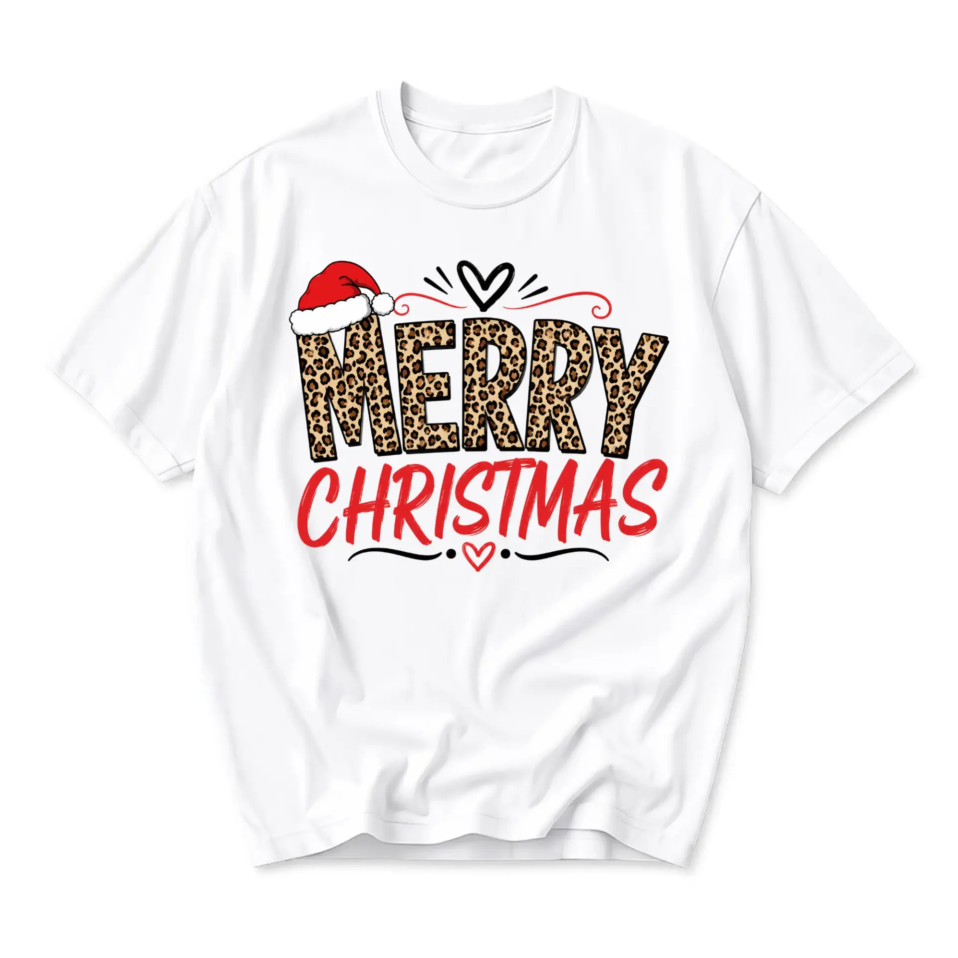 Graphic Tee Merry Christmas Leopard Print Santa Hat Holiday Season Unisex Crew Neck Casual Short Sleeve Shirt