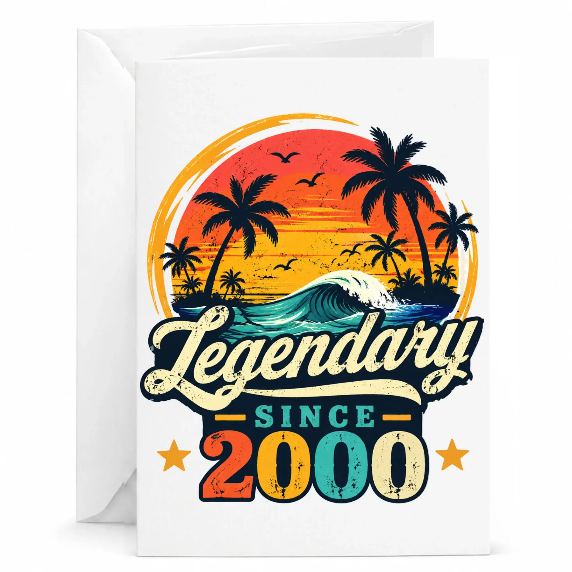 Birthday Card Legendary Since 2000 Tropical Sunset Design for Milestone Celebration and Keepsake Greeting