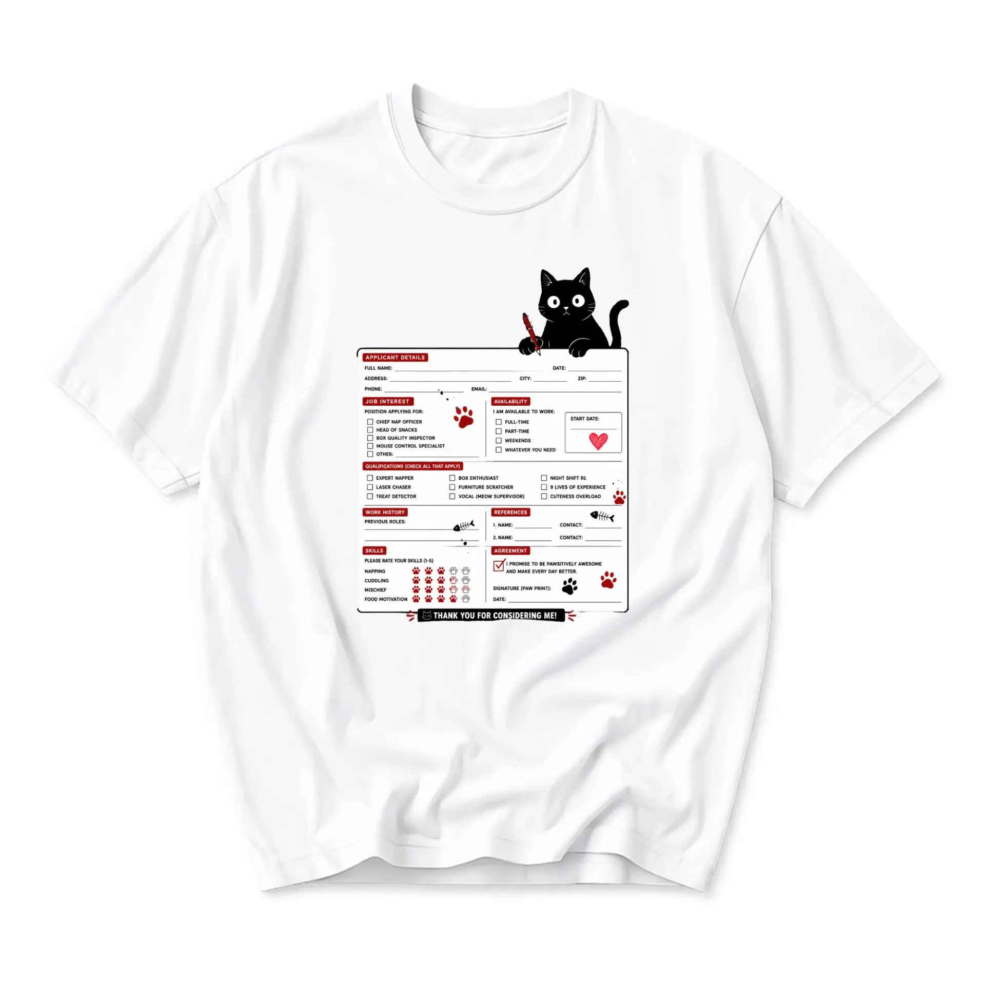 Funny Shirt Cat Job Application Graphic Tee Unisex Casual Crew Neck Soft Cotton Blend Apparel for Pet Lovers Enthusiasts