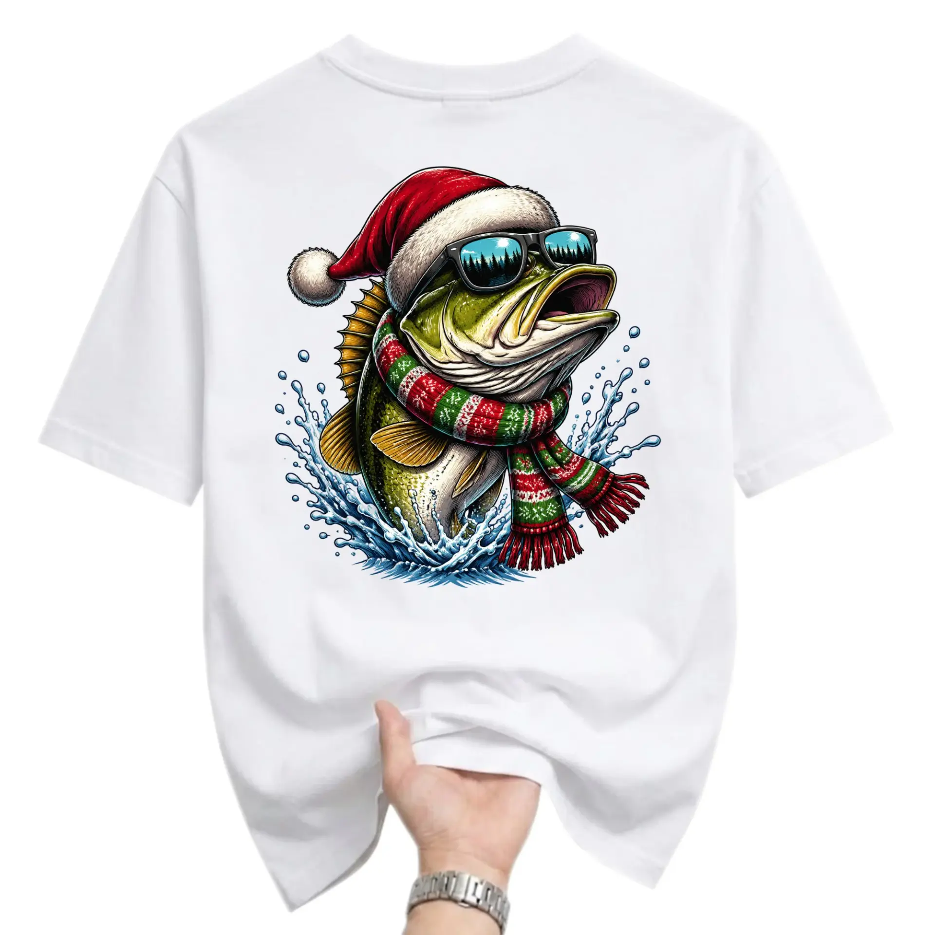Funny Shirt Christmas Fishing Graphic Tee for Men and Women Cool Fish Wearing Santa Hat Holiday Scarf