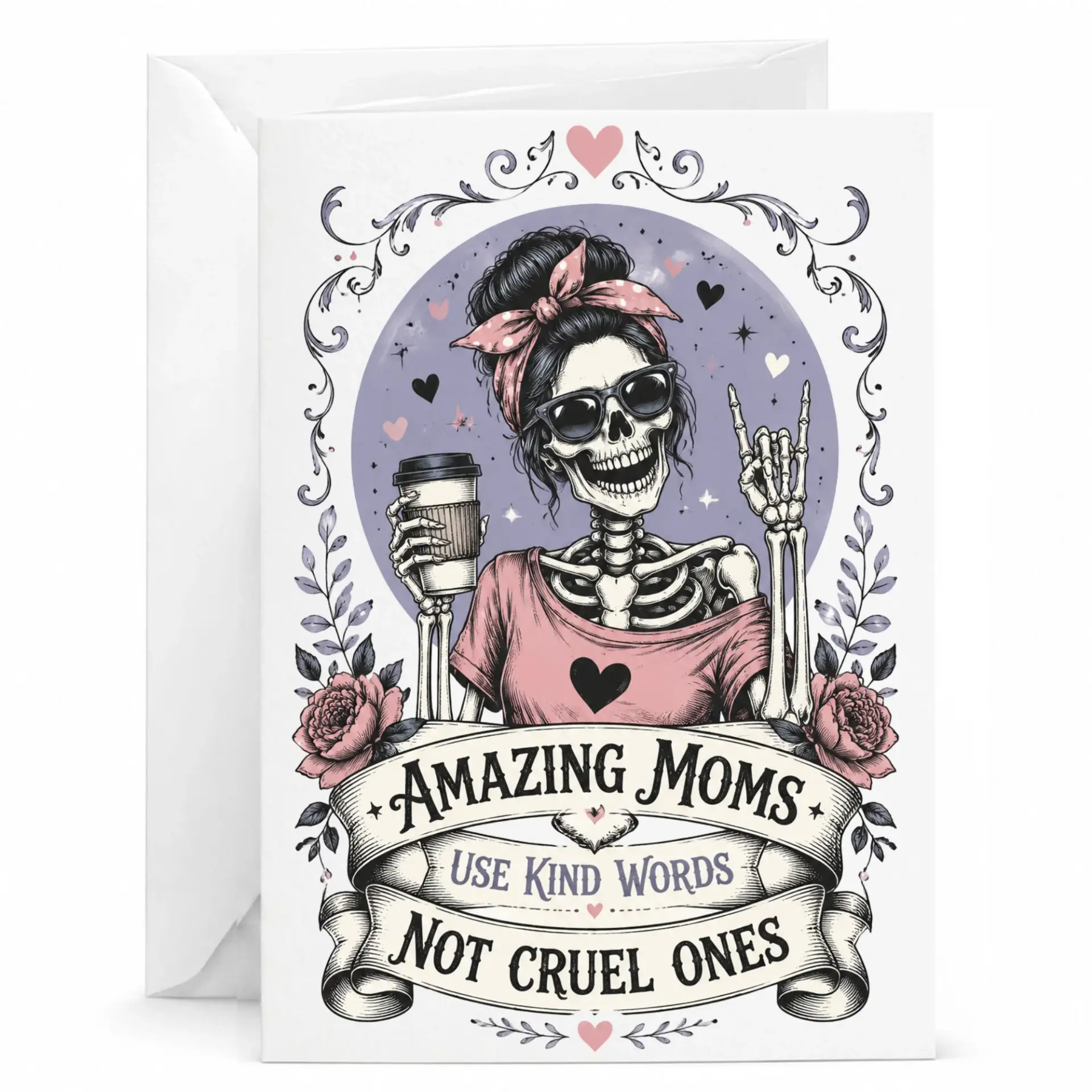 Funny Greeting Card Featuring Cool Skeleton Illustration with Coffee and Floral for Mother Appreciation