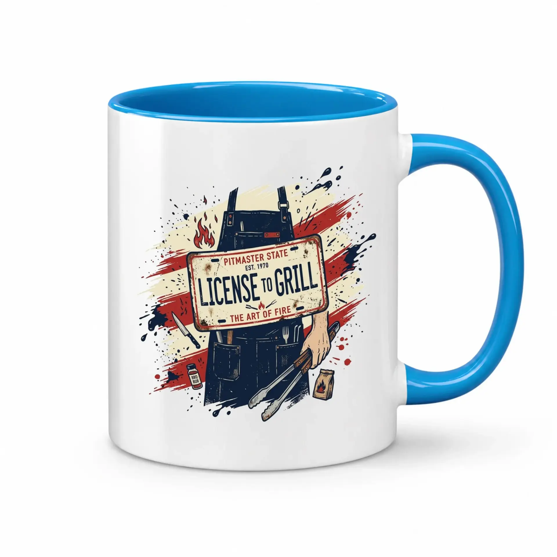 Funny License to Grill Ceramic Coffee Mug for Barbecue Enthusiasts Blue Handle Accent Cup Pitmasters and Outdoor Cooks
