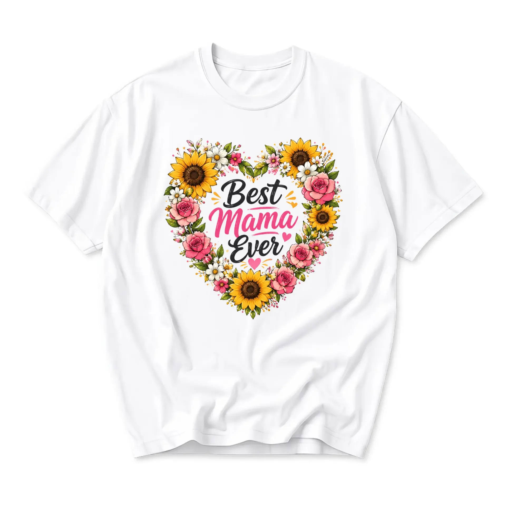 T-shirt Best Mama Ever Floral Heart Design Unisex Graphic Printed Crew Neck Casual Everyday Comfort Apparel White