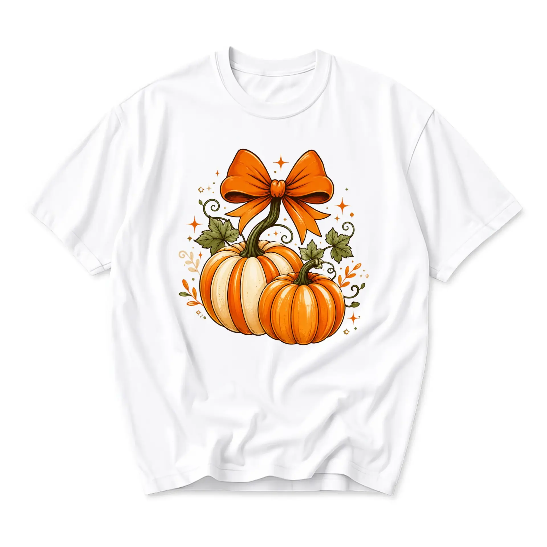 Graphic Tee Pumpkin and Orange Bow Design Unisex T-Shirt Seasonal Autumn Apparel Soft Cotton Crew Neck Everyday Wear