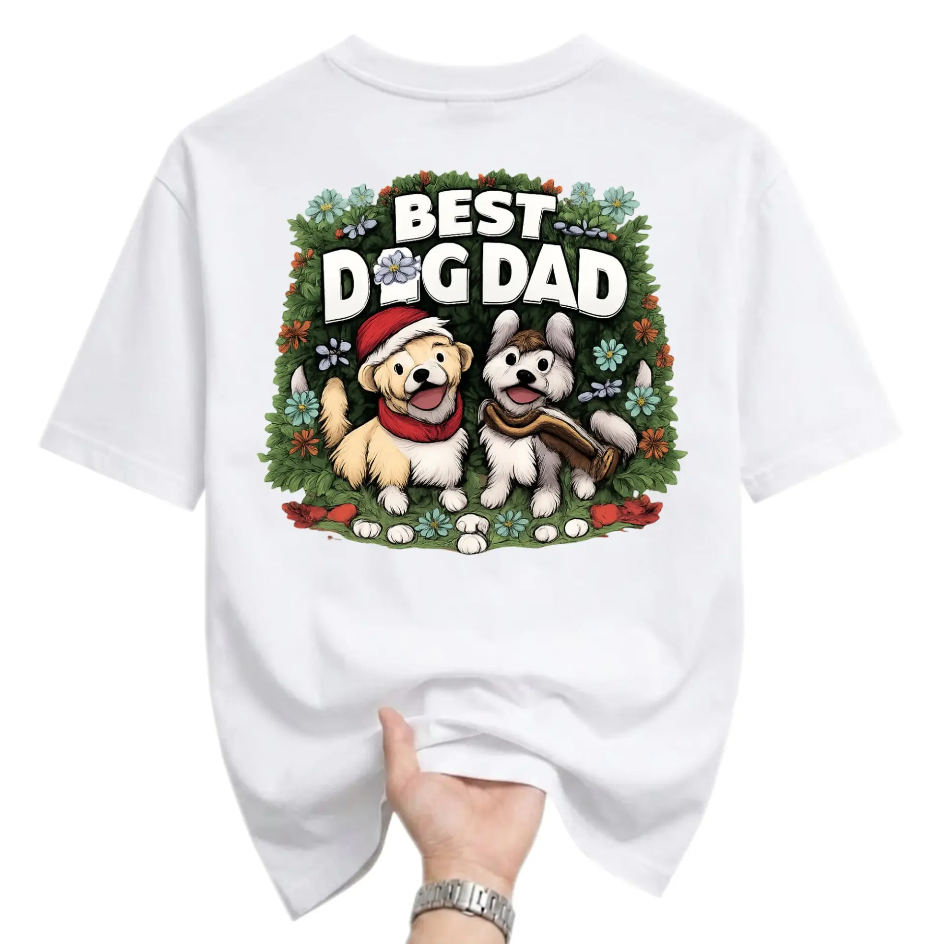 Funny Shirt Best Dog Dad Graphic Tee Features Two Cute in a Floral Wreath