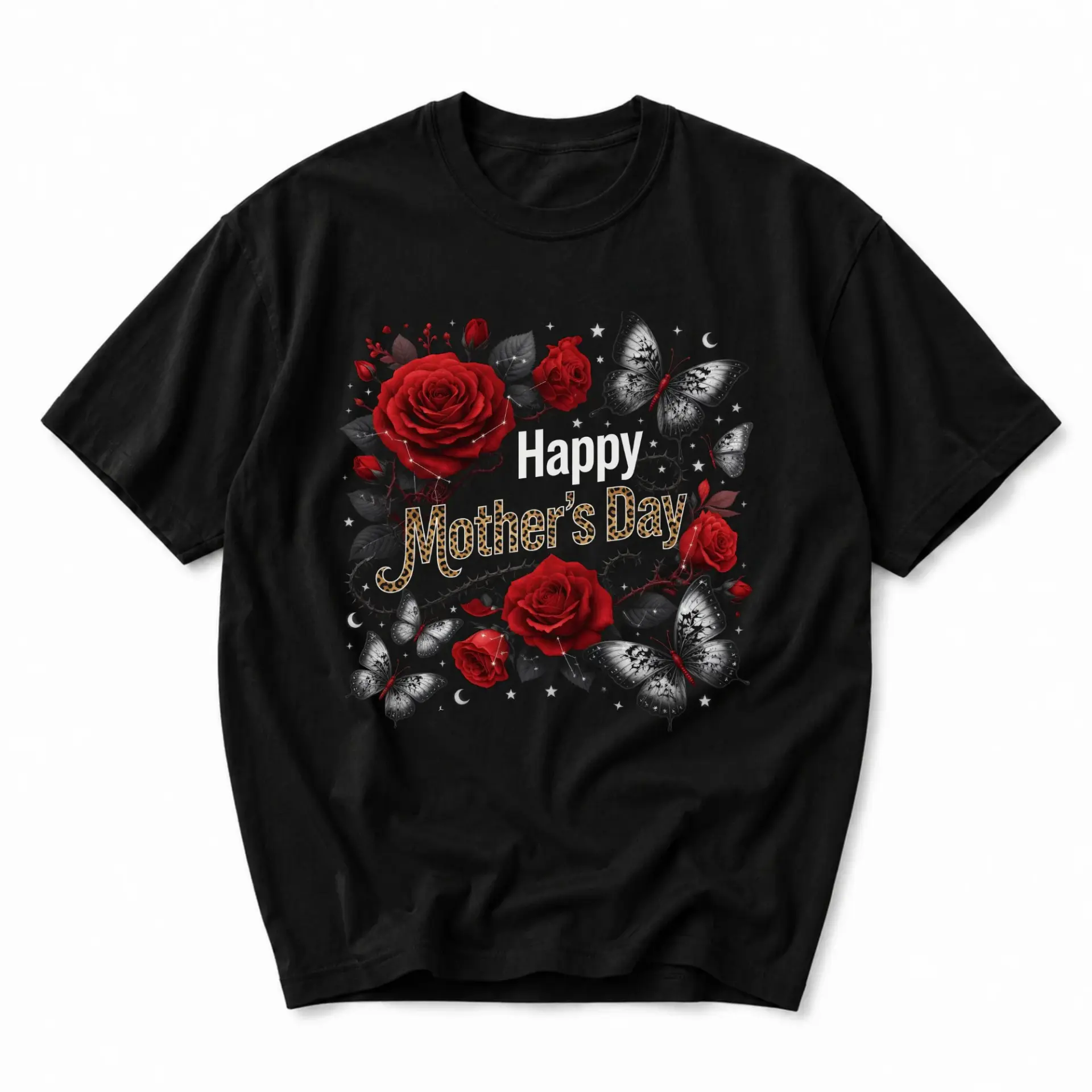 T-shirt Happy Mother's Day Floral Graphic Tee with Red Roses and Butterflies Unisex Casual Crew Neck Apparel Black