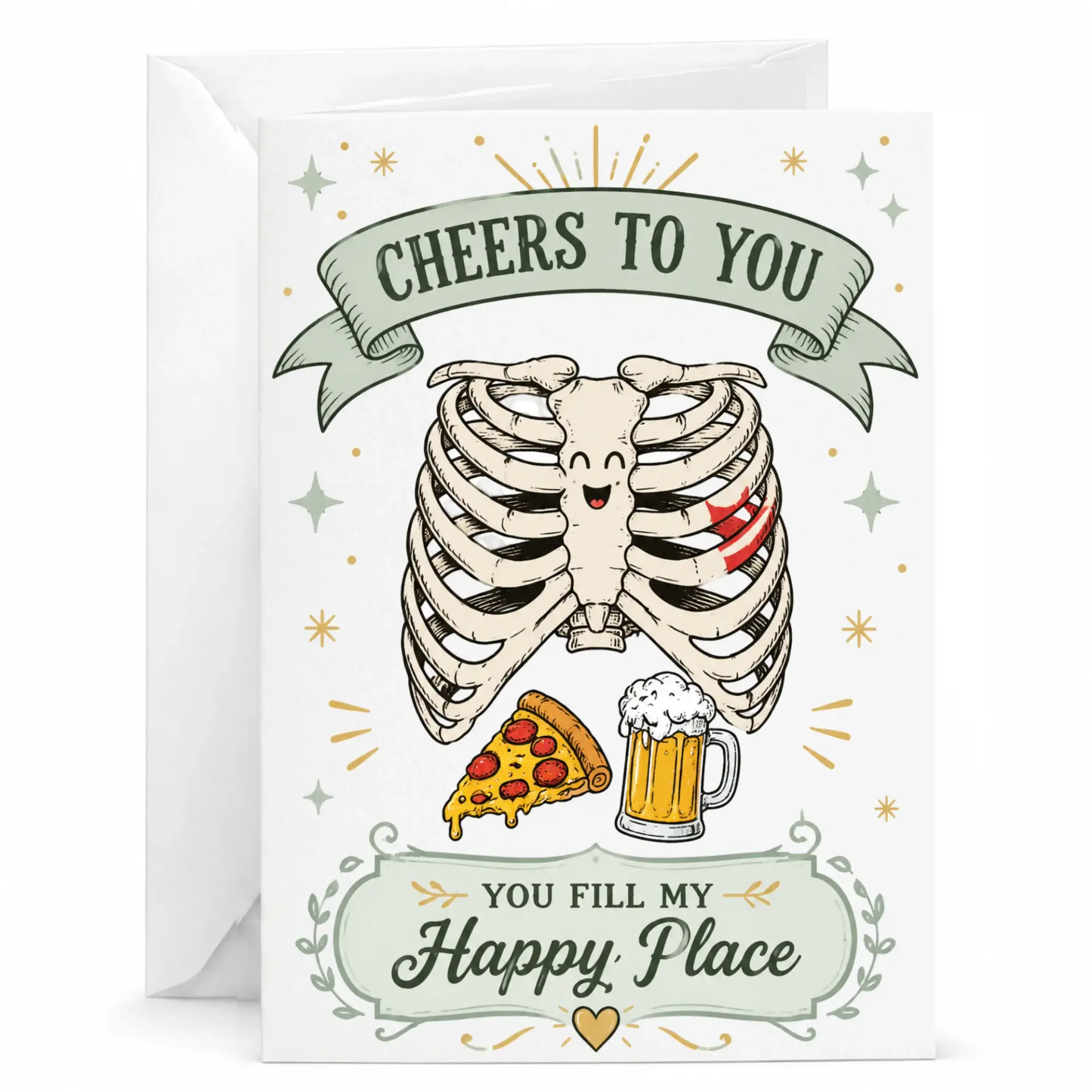 Funny Greeting Card Cheers to You You Fill My Happy Place with Pizza and Beer Art for Birthday Anniversary Celebration