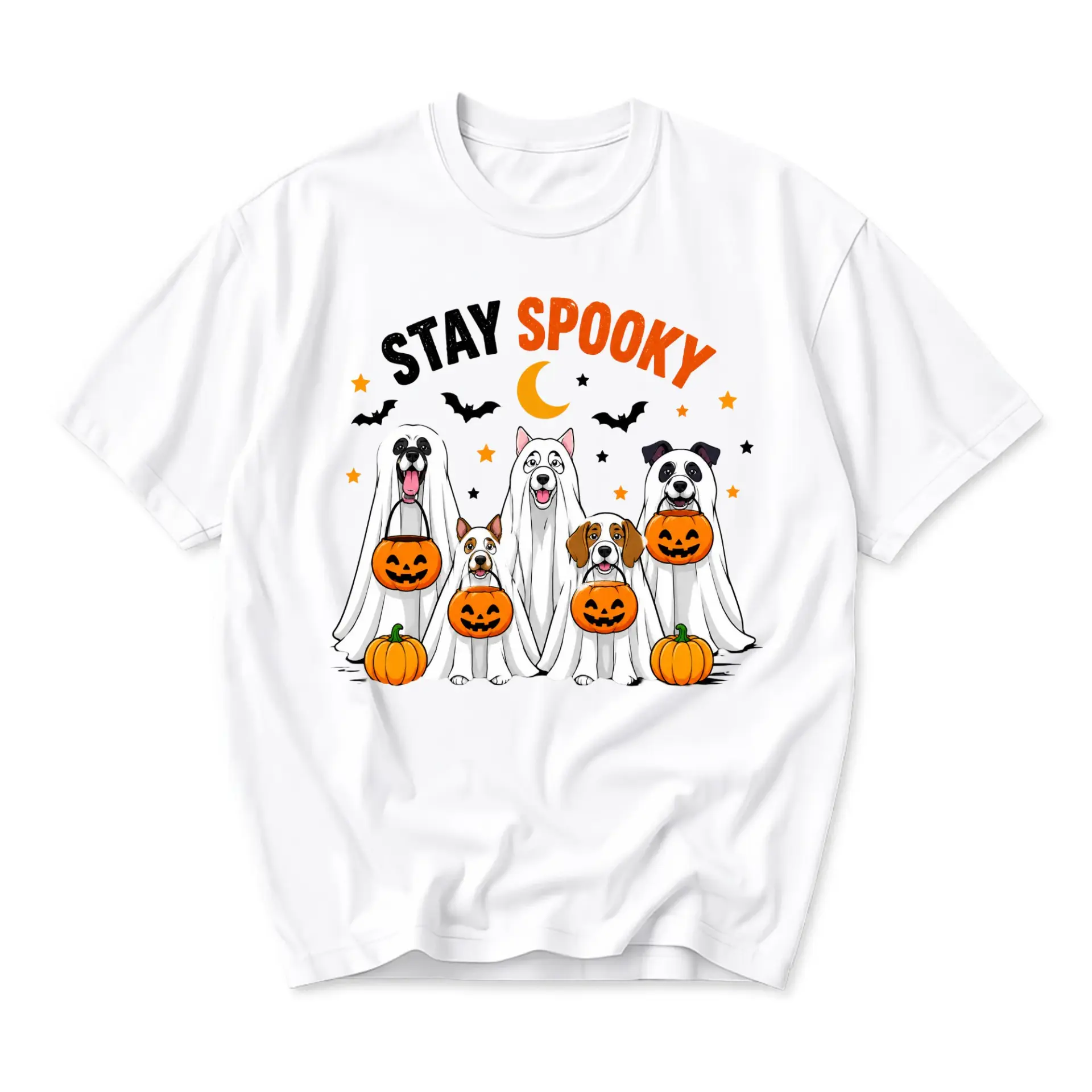 Graphic Tee Stay Spooky Halloween Dogs Unisex Shirt Fall Holiday Apparel Cute Pet Illustration Crew Neck Cotton Top