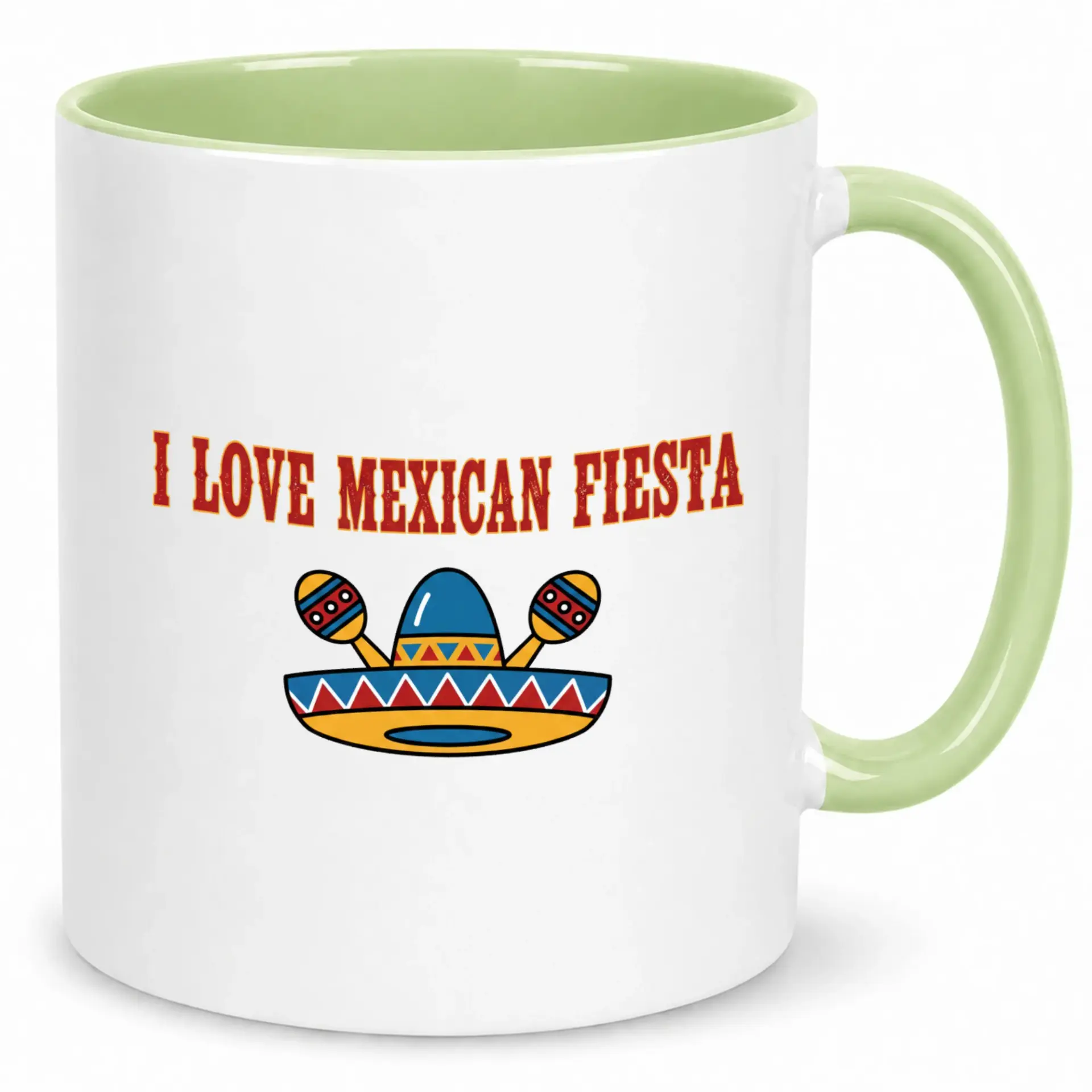 Mexican Fiesta Ceramic Coffee Mug 11oz or 15oz, I Love Mexican Fiesta Sombrero Maracas Design, Durable Beverage Cup with Comfortable Handle