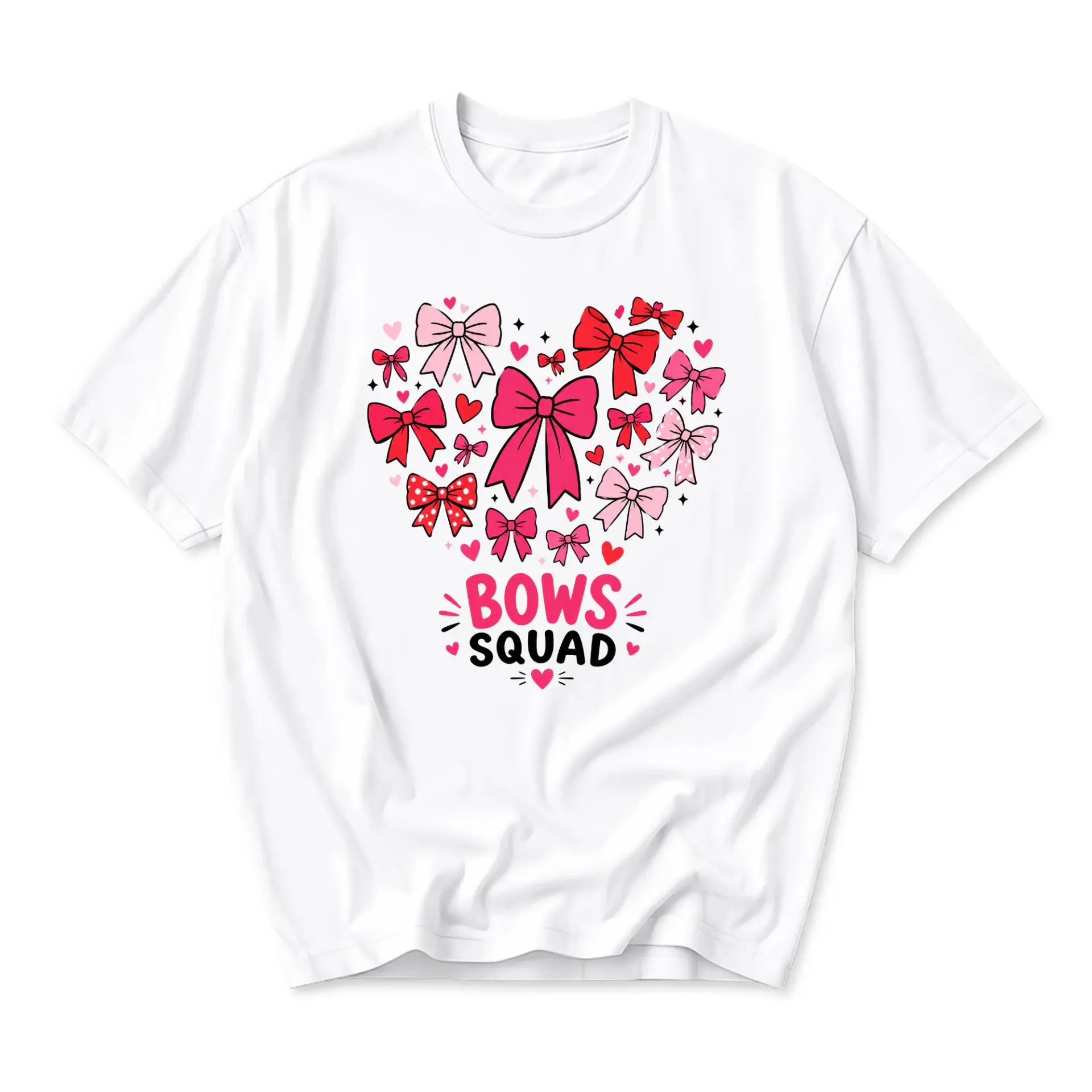 Graphic Tee Bows Squad Heart Motif Short Sleeve Unisex Crew Neck Shirt for Casual Everyday Wear and Stylish Expression