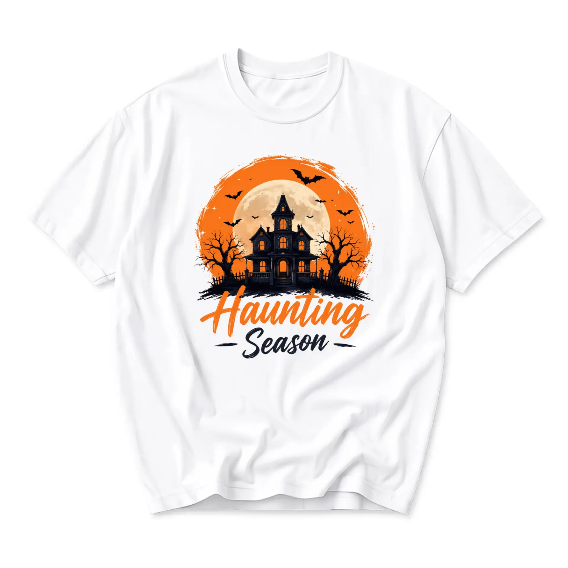 Graphic Tee Haunting Season Haunted House Illustration Unisex Crew Neck Soft Cotton Casual Fall Holiday T-Shirt