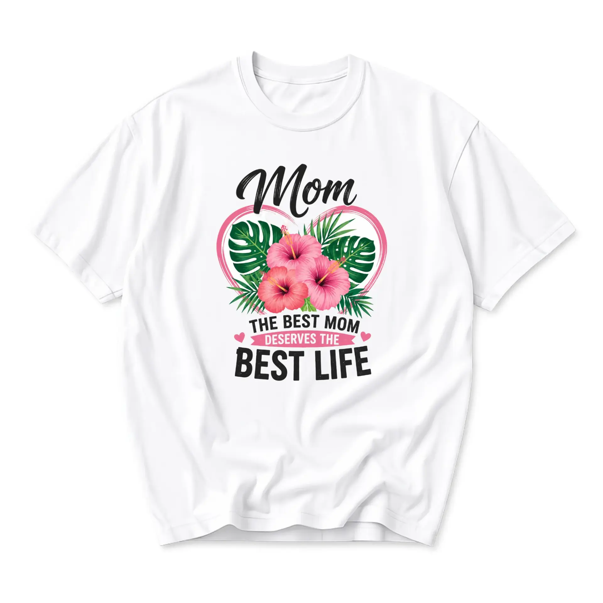 T-shirt Best Mom Tropical Hibiscus Flower Graphic Tee Unisex Crew Neck Casual Everyday Wear Soft Cotton Blend Shirt