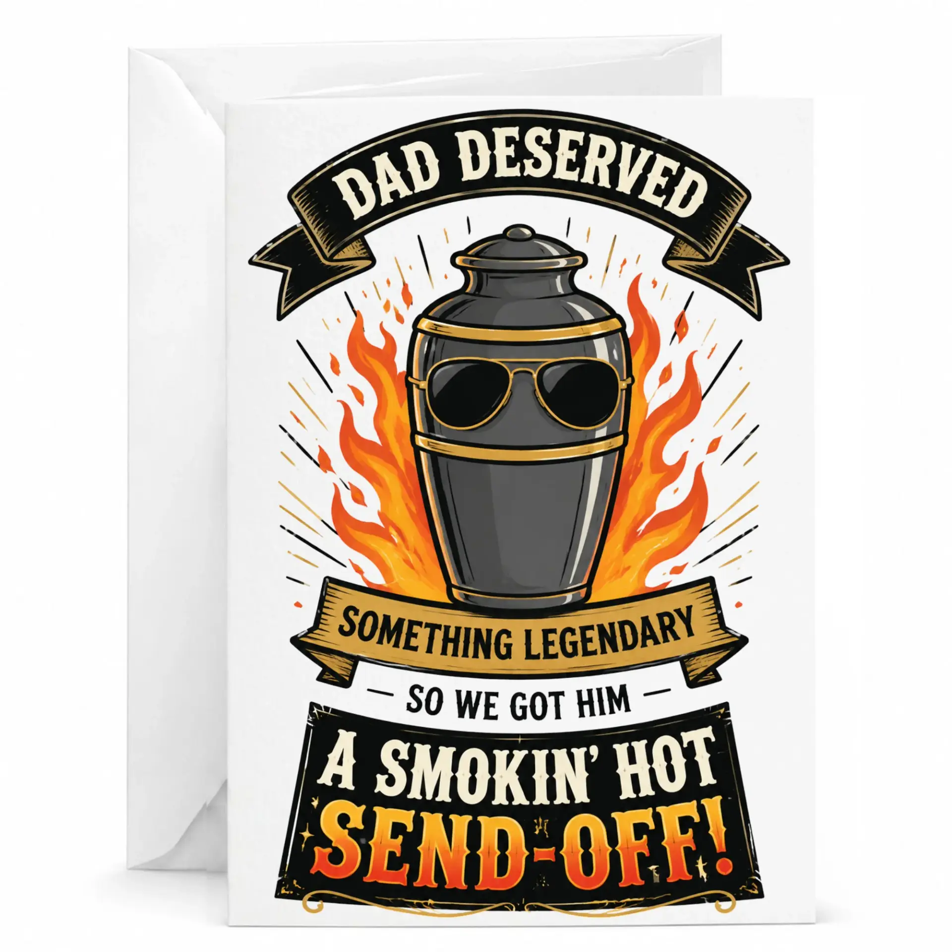 Funny Greeting Card for Dad Featuring Urn with Sunglasses and Flames Design Unique Memorial or Humor