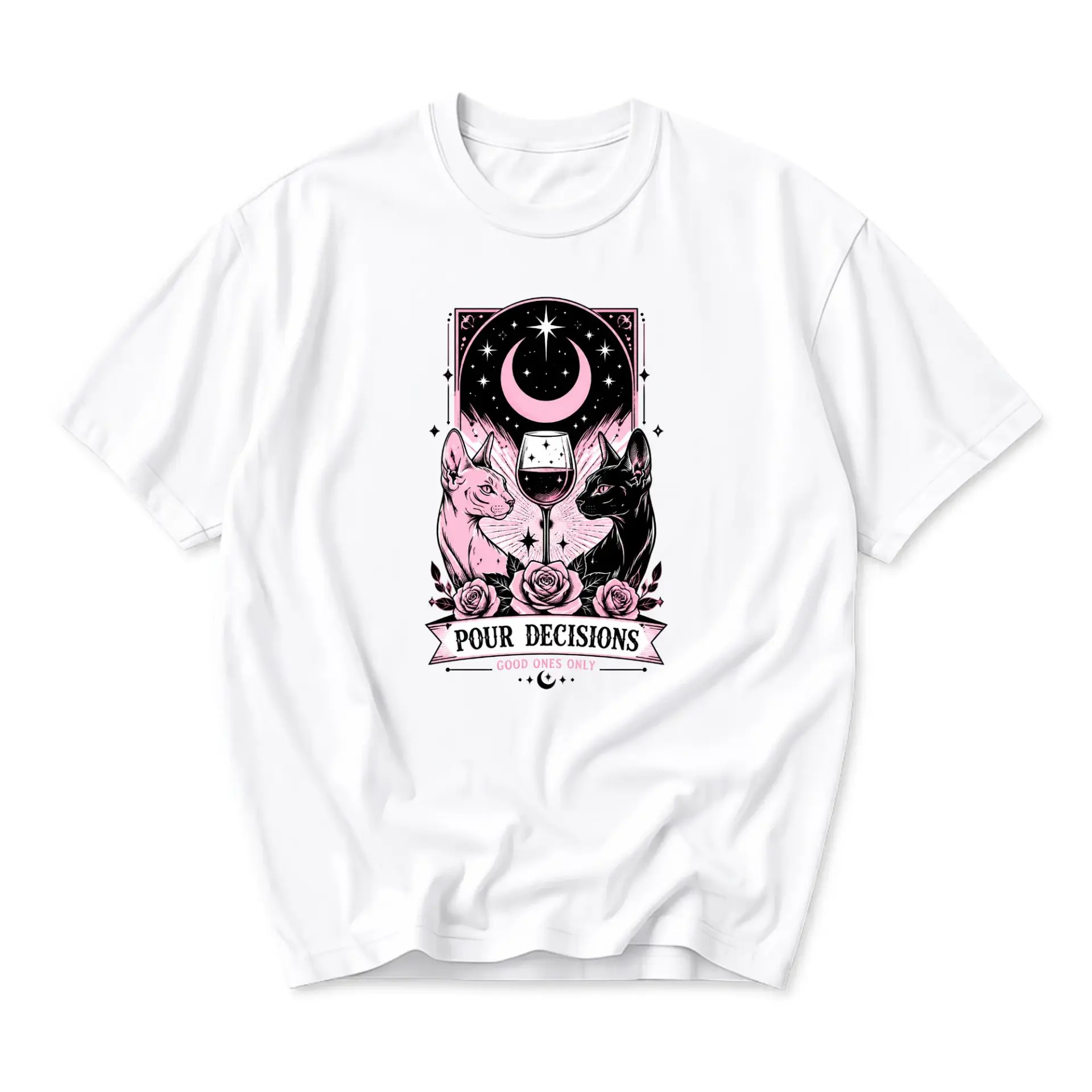 Graphic Tee Pour Decisions Wine Cat Art Unisex Crew Neck T-Shirt Short Sleeve Casual Comfortable Cotton Top